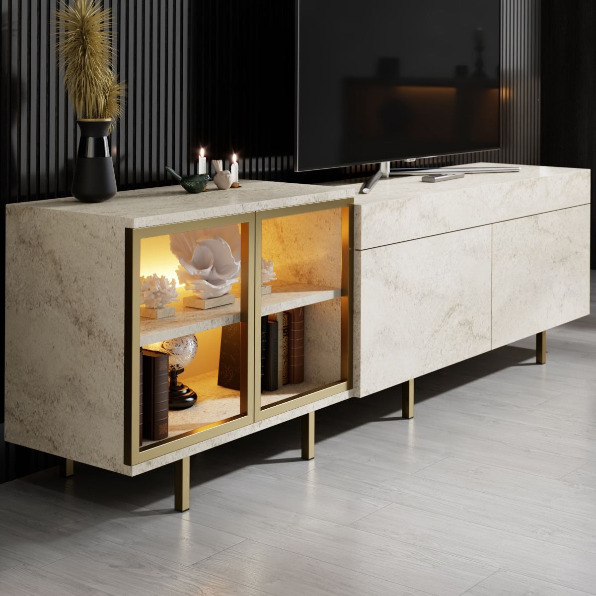 Comoda TV Vienna, 190 x 57 x 37 cm, travertin auriu, PAL melaminat, spatiu de depozitare, fixare pe perete, travertin / gold — imaginea 7