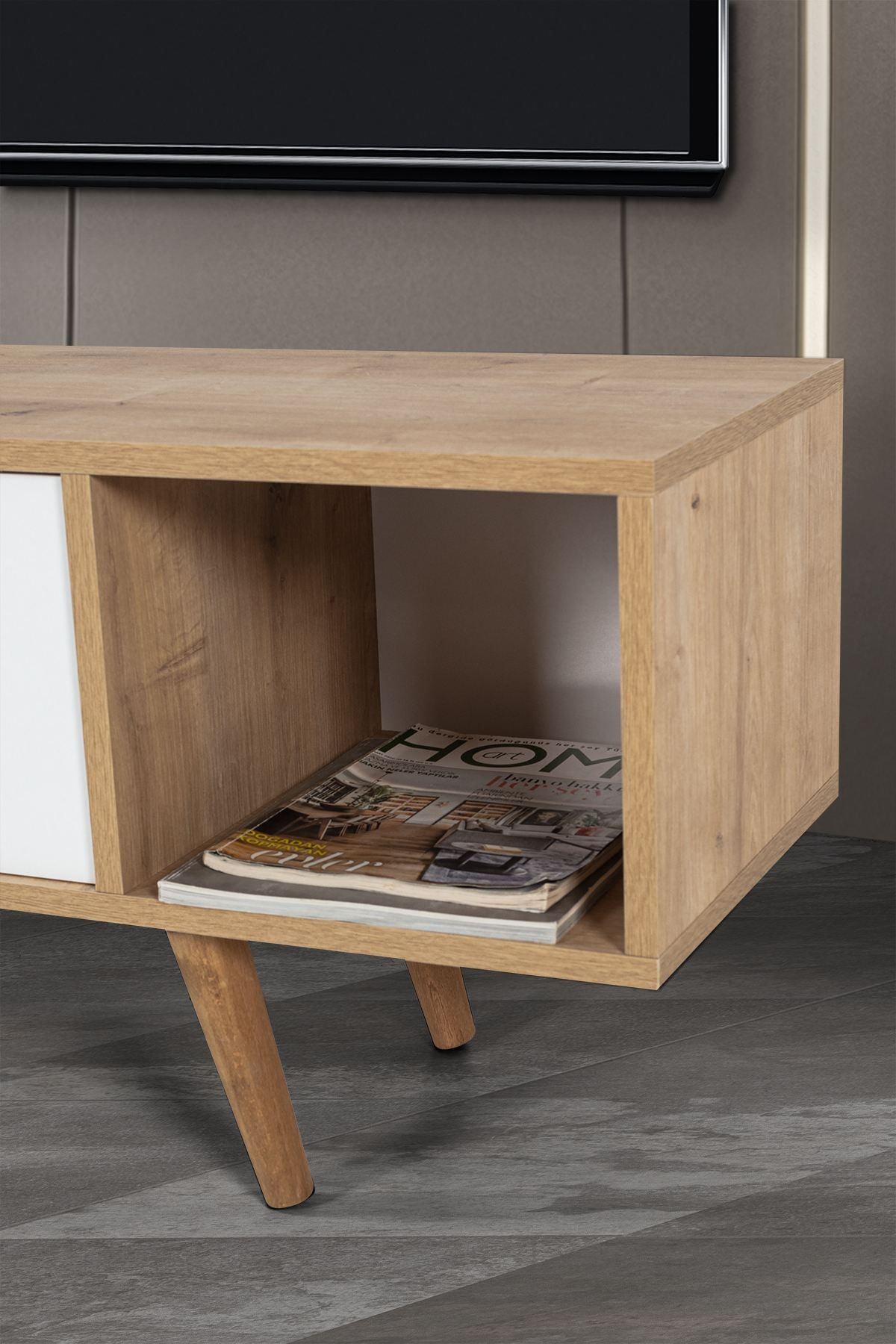Comoda TV Mesir 3628, 160 x 47 x 35 cm, stejar safir alb, PAL melaminat — imaginea 2