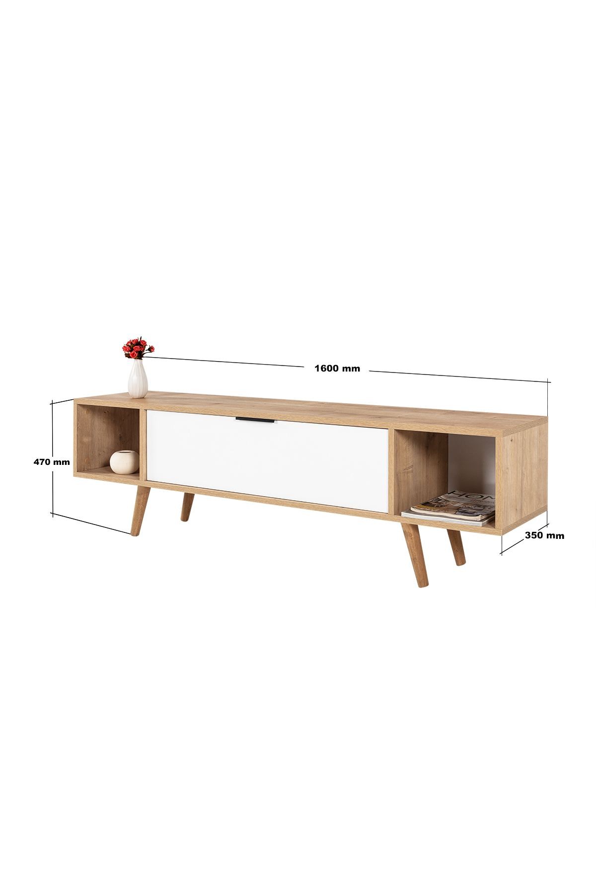 Comoda TV Mesir 3628, 160 x 47 x 35 cm, stejar safir alb, PAL melaminat — imaginea 3