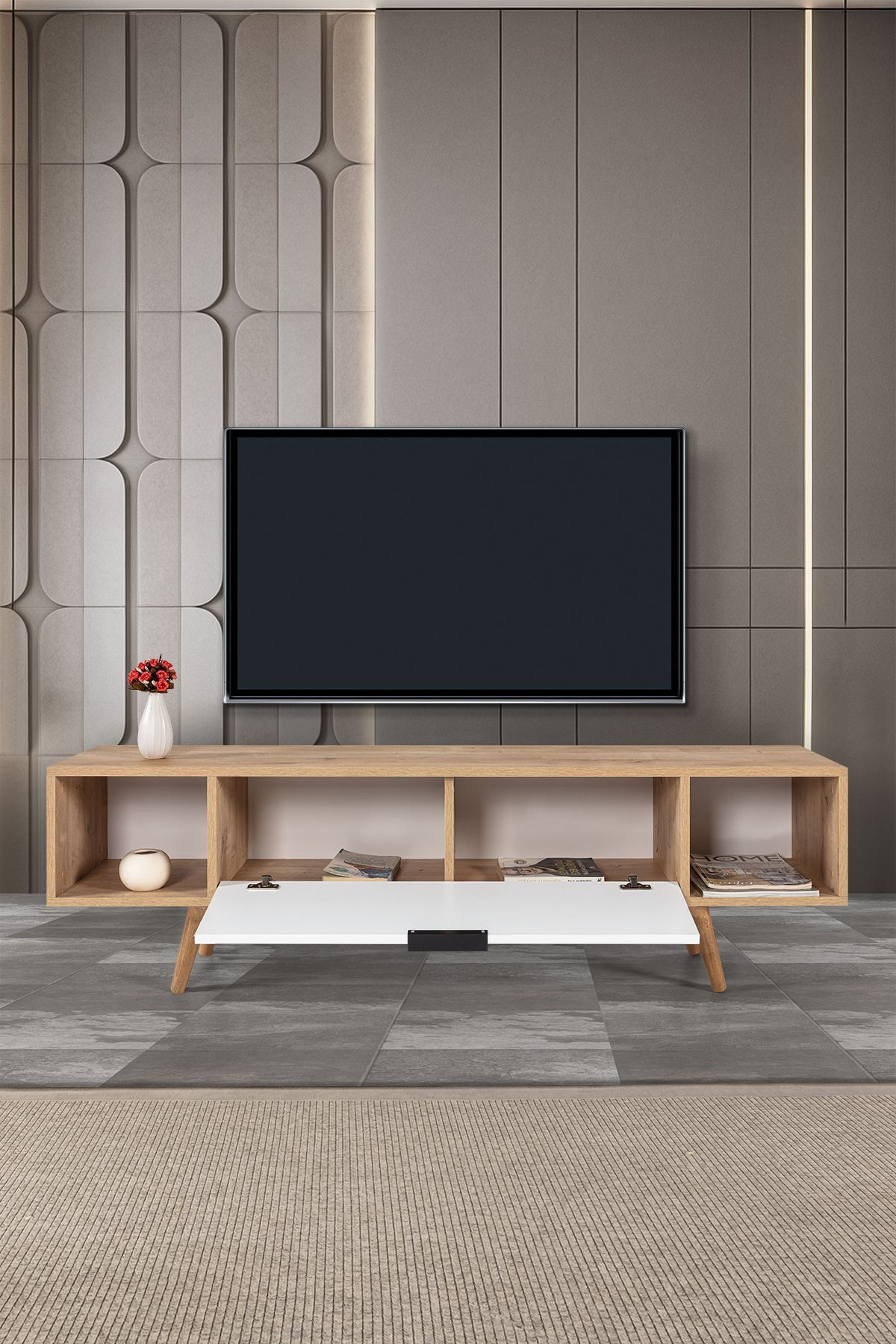 Comoda TV Mesir 3628, 160 x 47 x 35 cm, stejar safir alb, PAL melaminat — imaginea 5