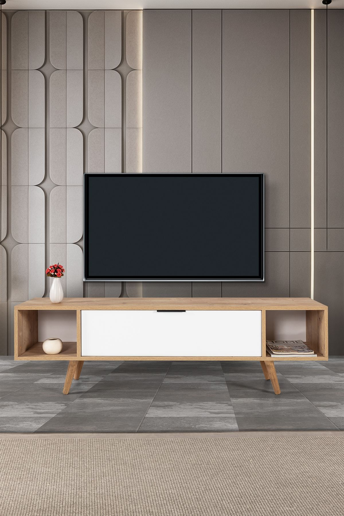 Comoda TV Mesir 3628, 160 x 47 x 35 cm, stejar safir alb, PAL melaminat — imaginea 6