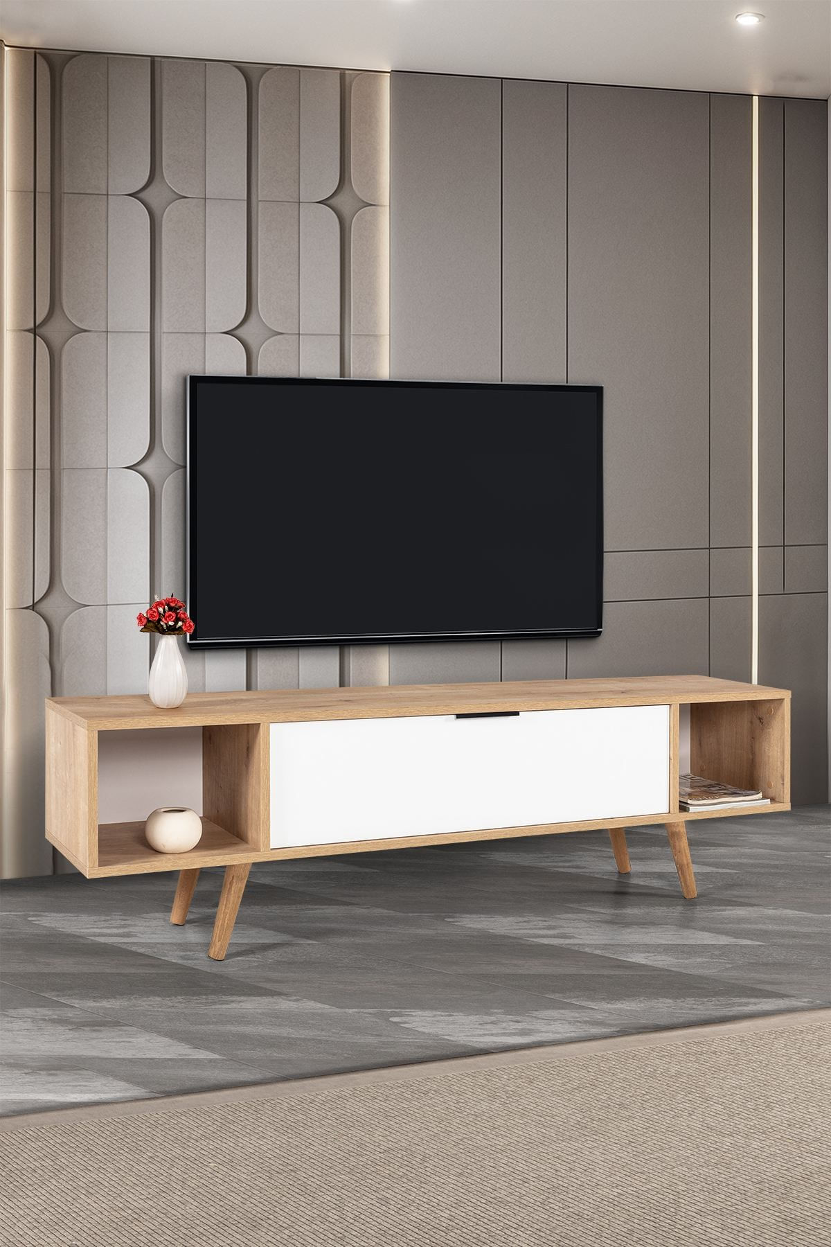 Comoda TV Mesir 3628, 160 x 47 x 35 cm, stejar safir alb, PAL melaminat — imaginea 7