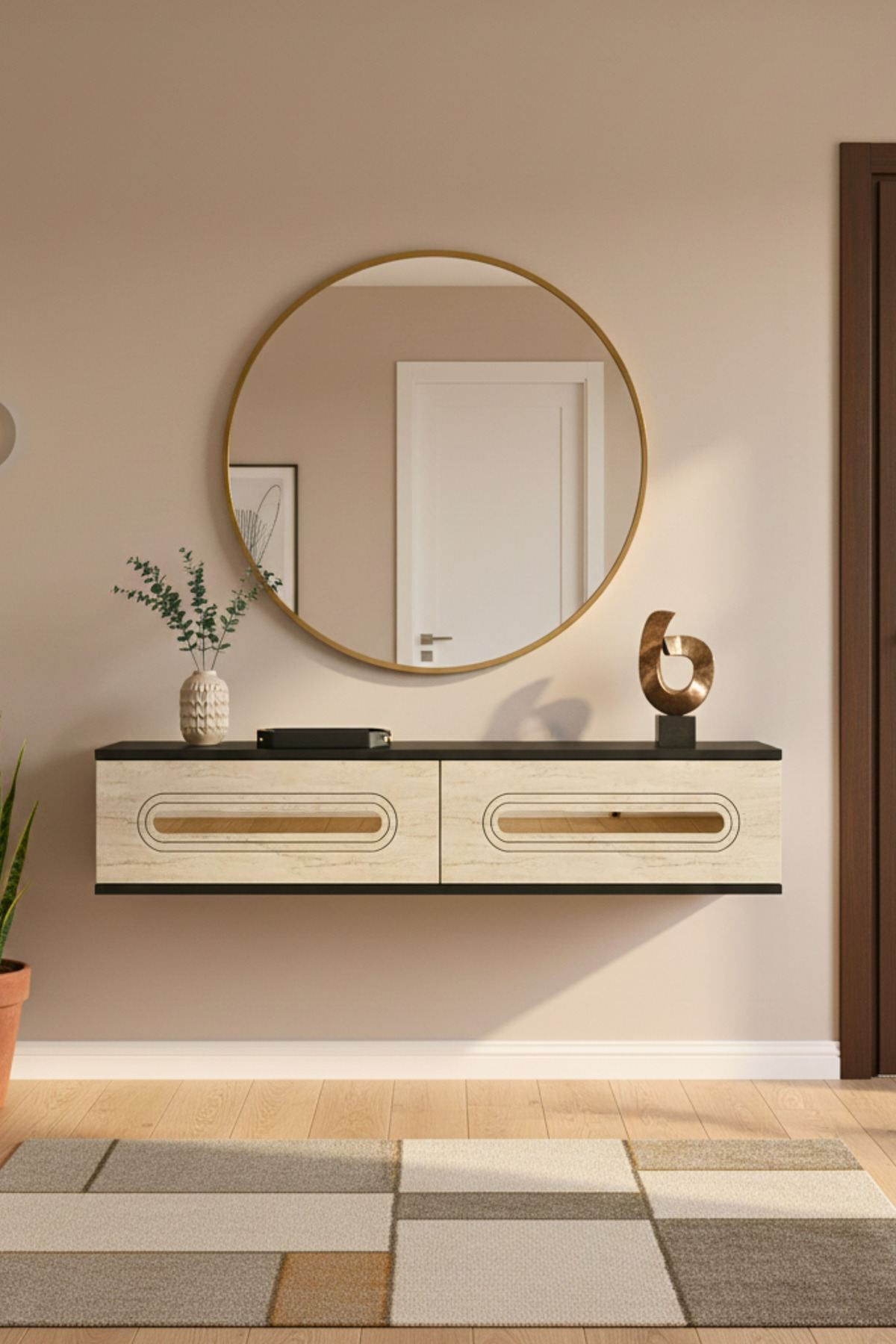 Comoda dormitor Rany 120, 120 x 25, 5 x 29, 6 cm, antracit auriu, PAL melaminat, oglinda inclusa, fixare pe perete, antracit / gold — imaginea 3