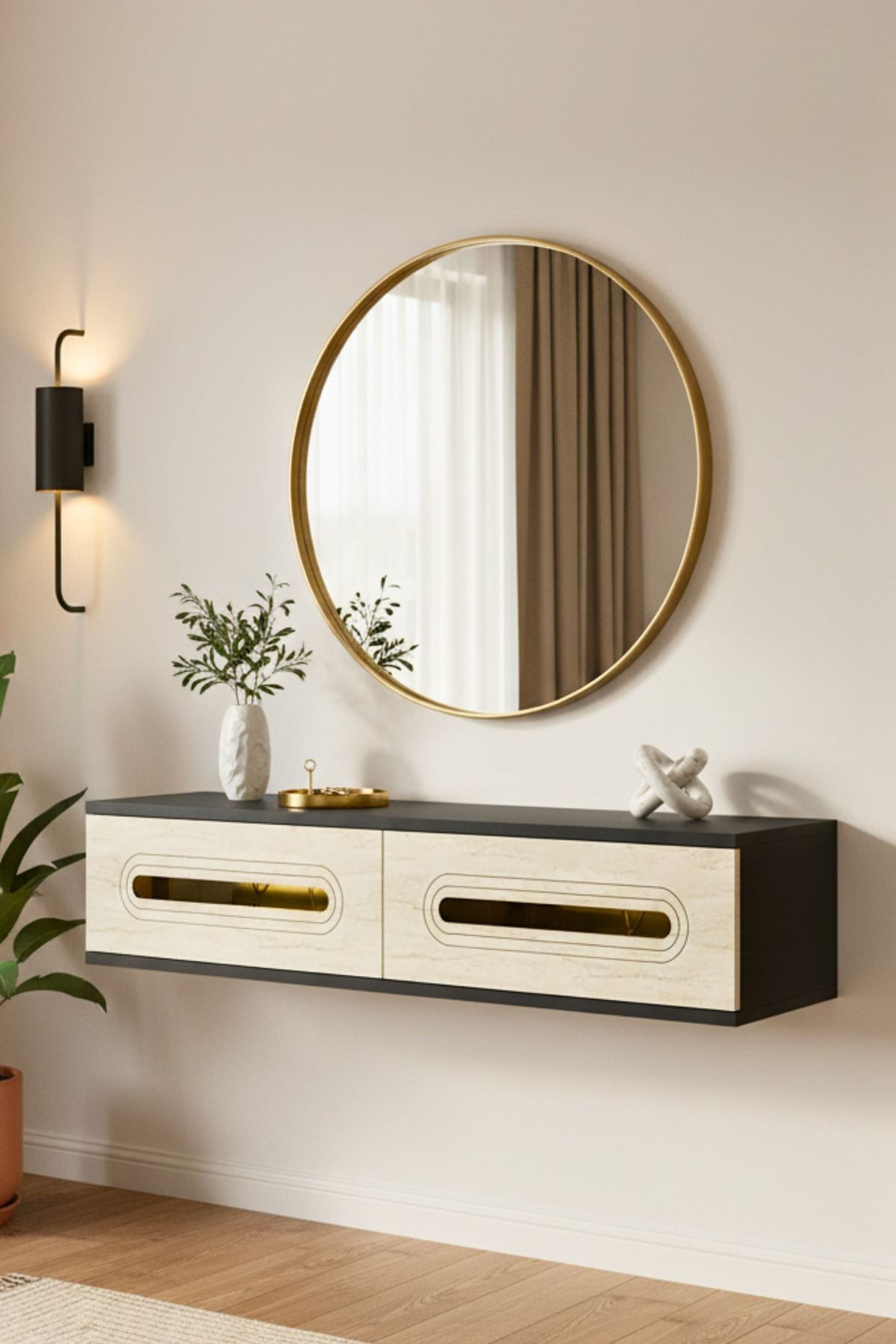 Comoda dormitor Rany 120, 120 x 25, 5 x 29, 6 cm, antracit auriu, PAL melaminat, oglinda inclusa, fixare pe perete, antracit / gold — imaginea 5