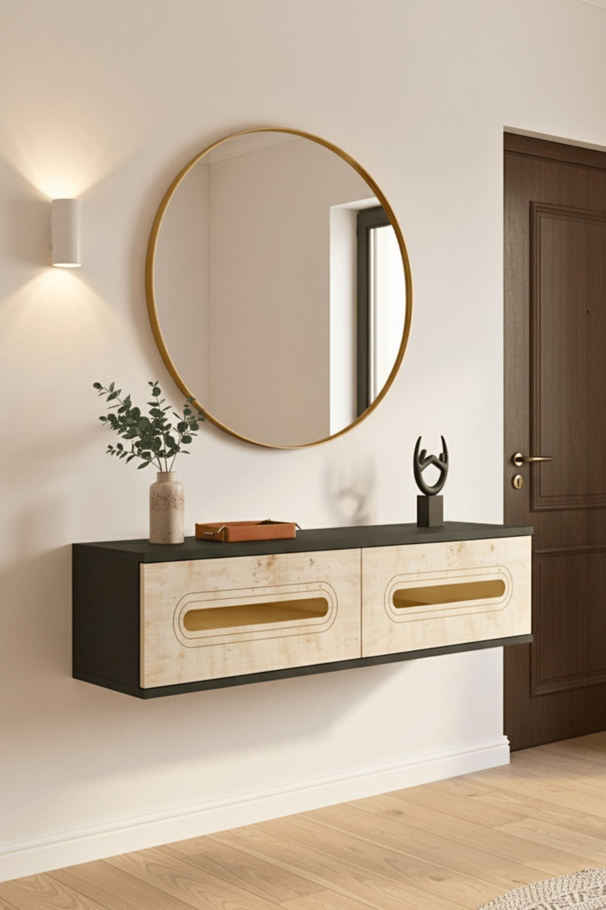 Comoda dormitor Rany 120, 120 x 25, 5 x 29, 6 cm, antracit auriu, PAL melaminat, oglinda inclusa, fixare pe perete, antracit / gold — imaginea 7