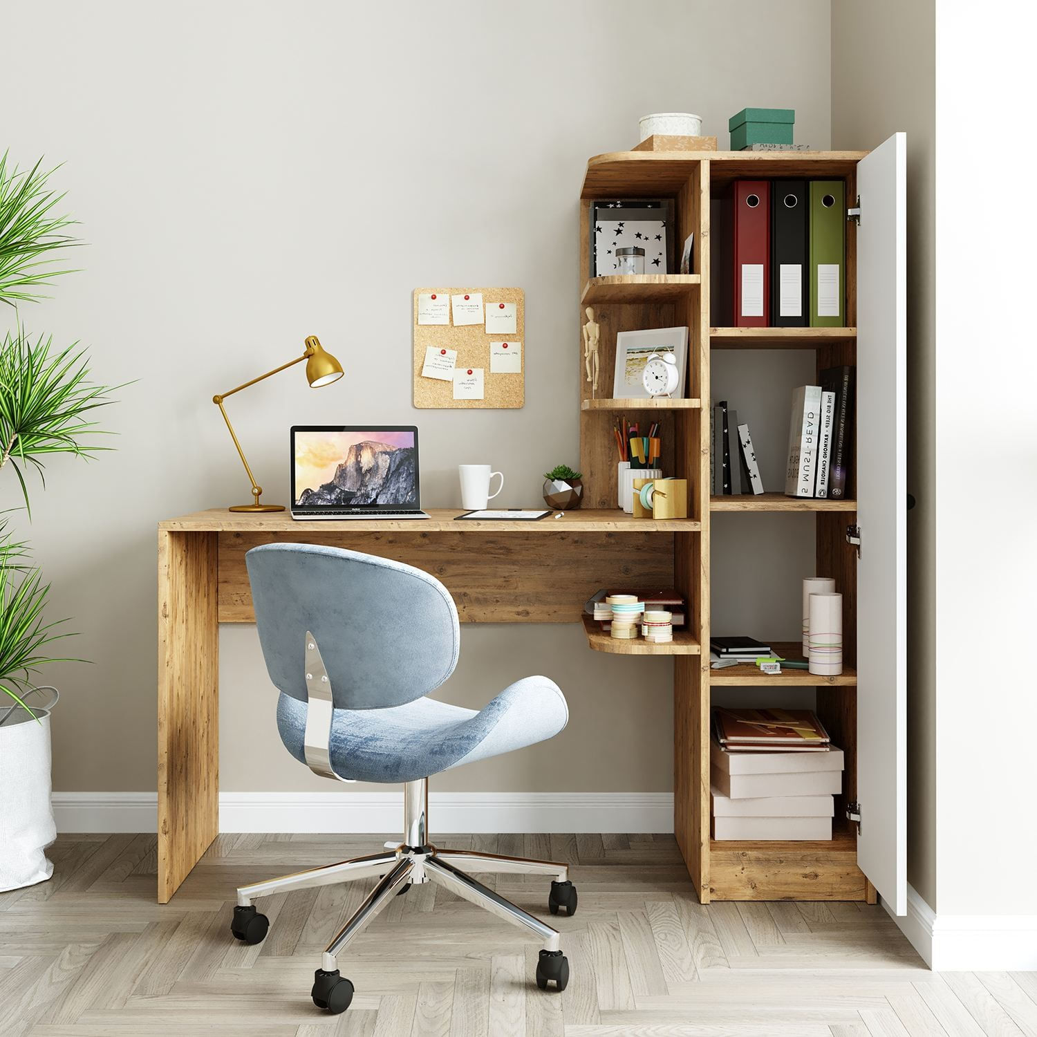 Birou cu biblioteca 2073, 143,2 x 143,2 x 50 cm, pin atlantic alb, PAL melaminat, design modern — imaginea 2