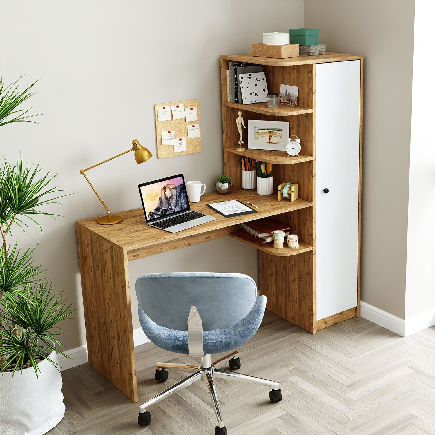 Birou cu biblioteca 2073, 143,2 x 143,2 x 50 cm, pin atlantic alb, PAL melaminat, design modern — imaginea 3