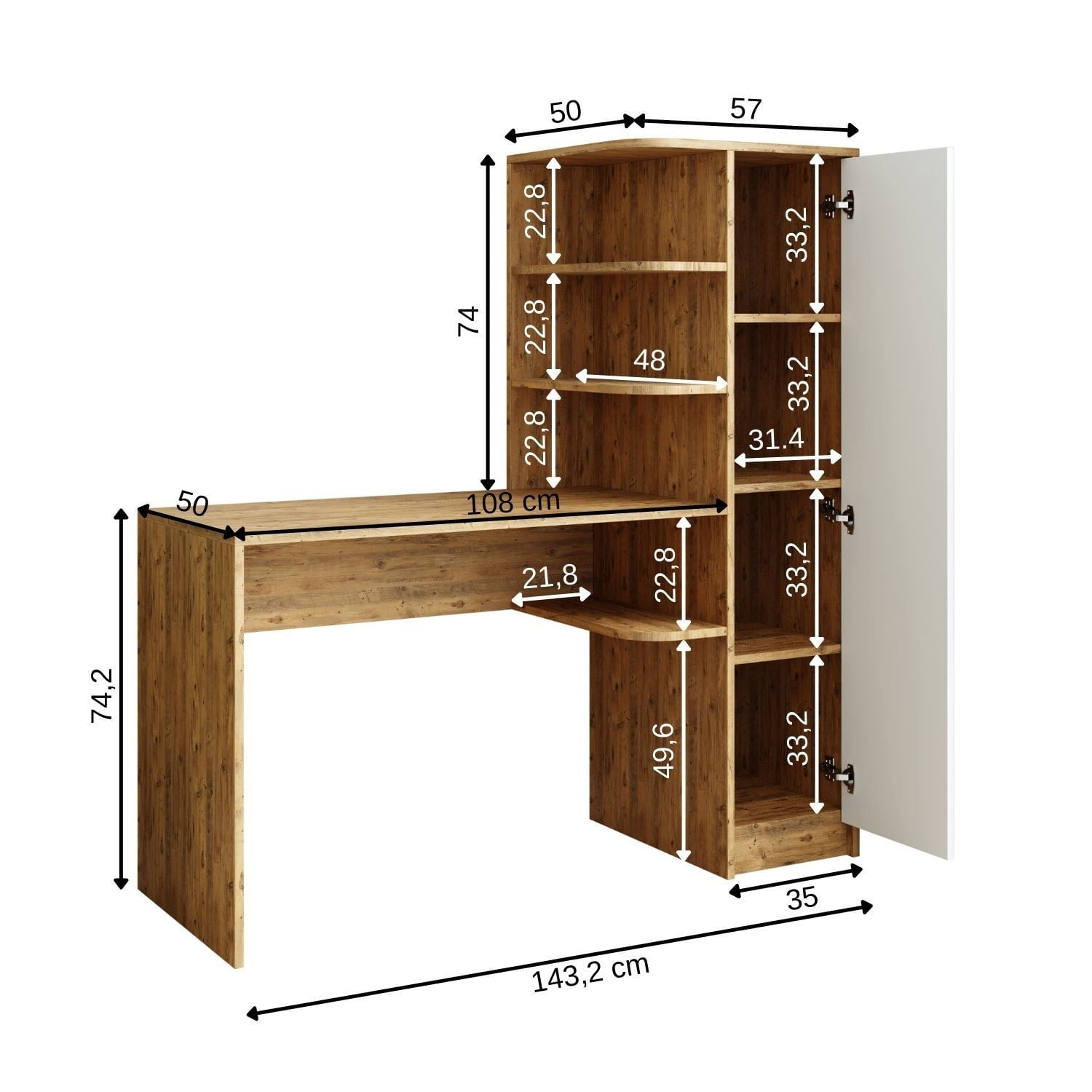 Birou cu biblioteca 2073, 143,2 x 143,2 x 50 cm, pin atlantic alb, PAL melaminat, design modern — imaginea 4