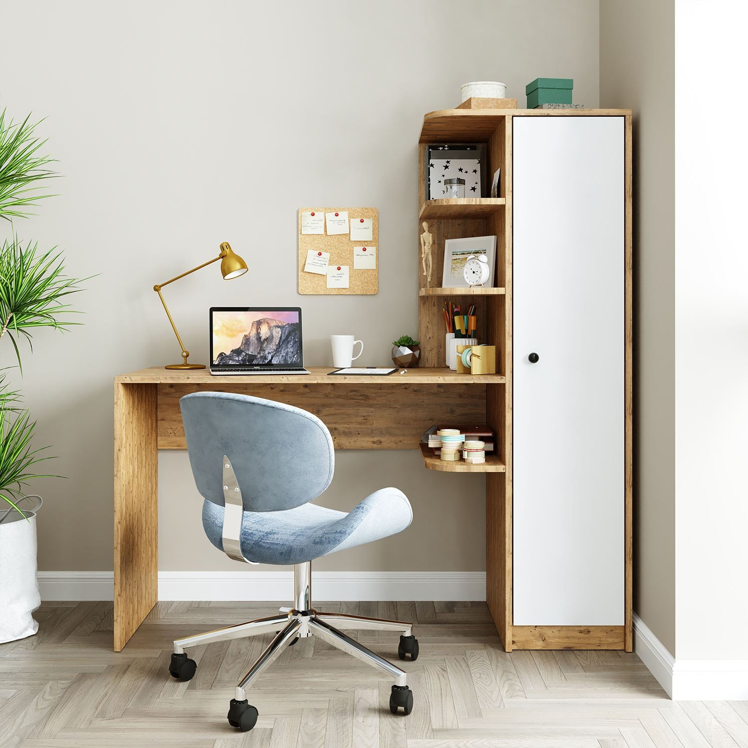 Birou cu biblioteca 2073, 143,2 x 143,2 x 50 cm, pin atlantic alb, PAL melaminat, design modern — imaginea 5