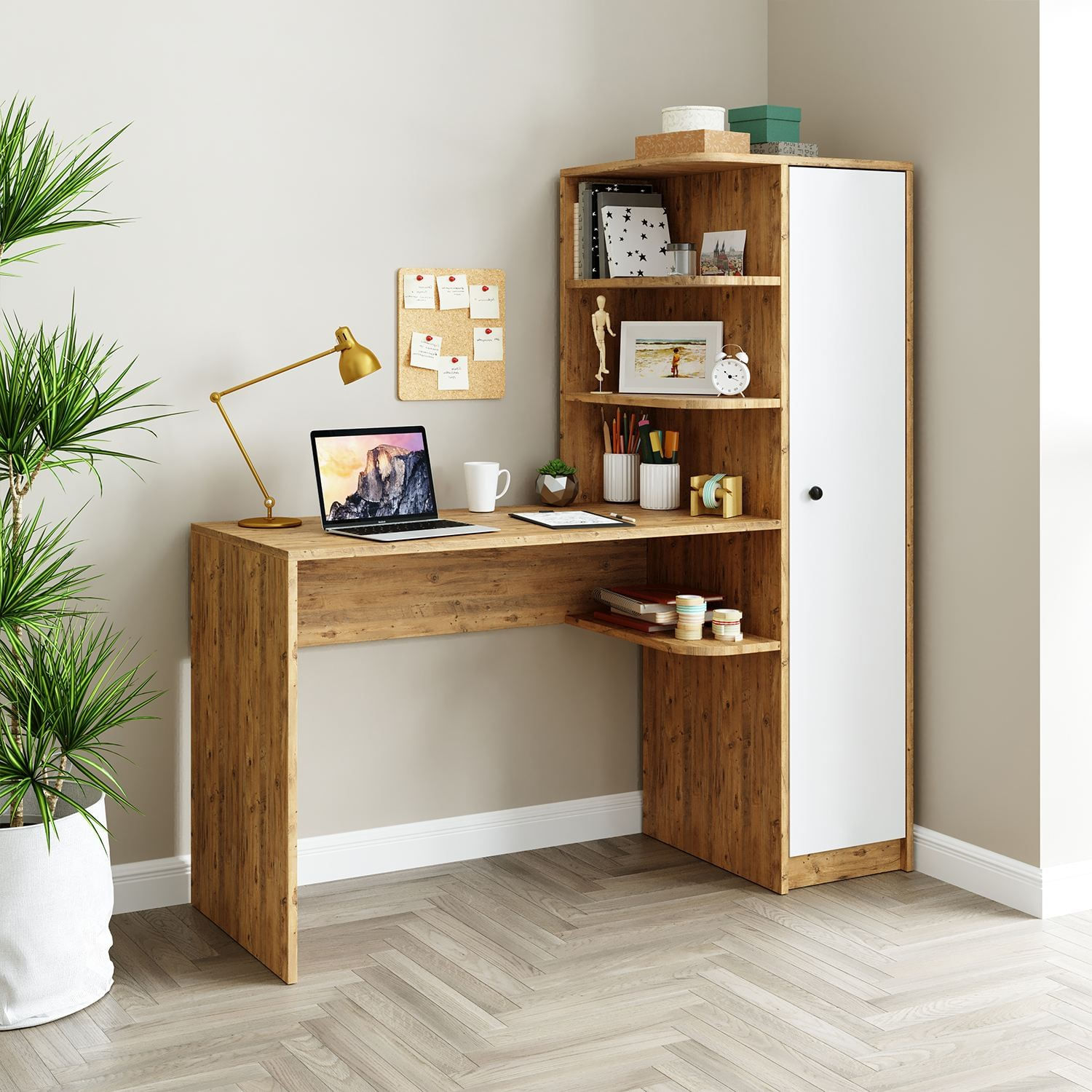 Birou cu biblioteca 2073, 143,2 x 143,2 x 50 cm, pin atlantic alb, PAL melaminat, design modern — imaginea 7
