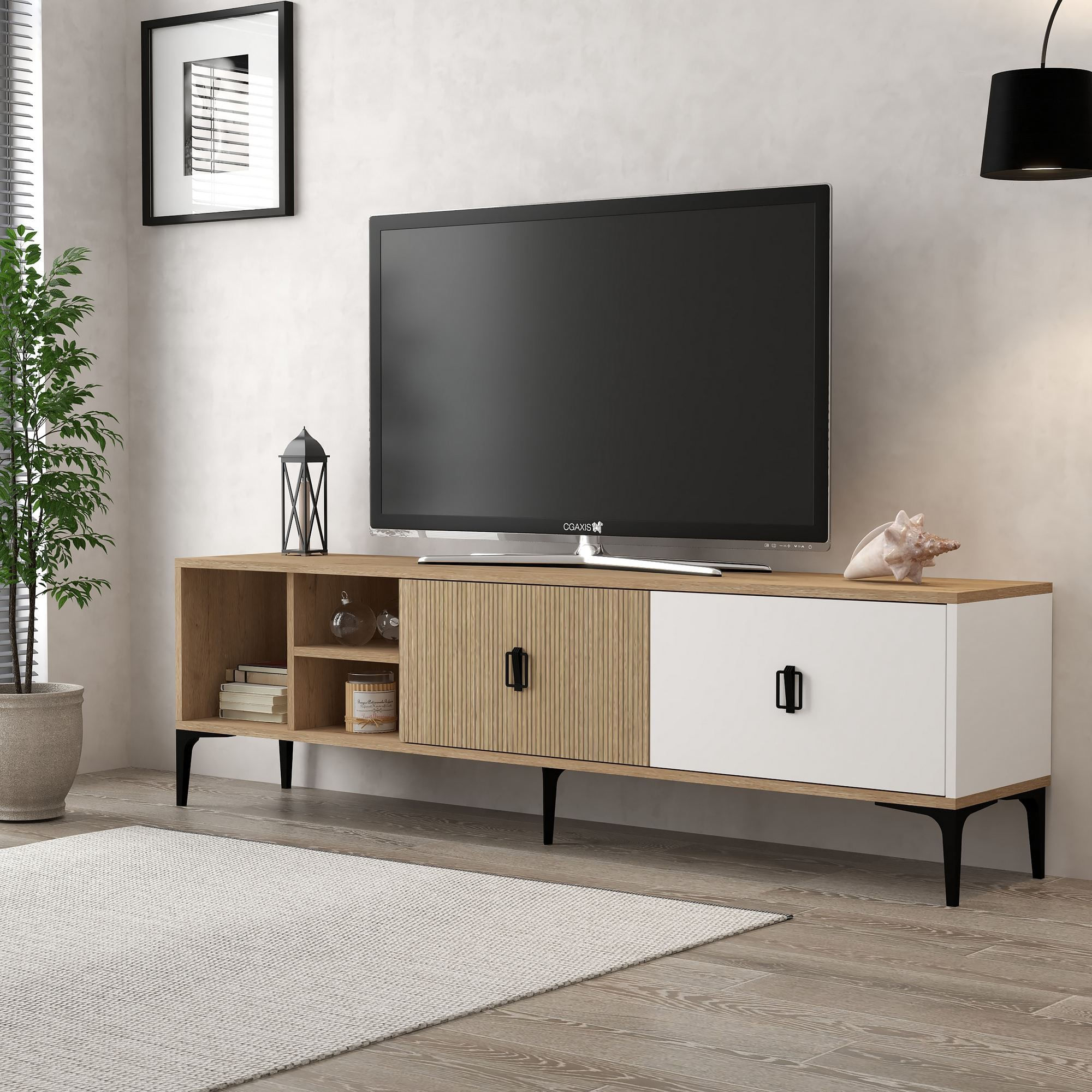 Comoda TV Era 3806, 180 x 50 x 35 cm, stejar alb, PAL melaminat — imaginea 2