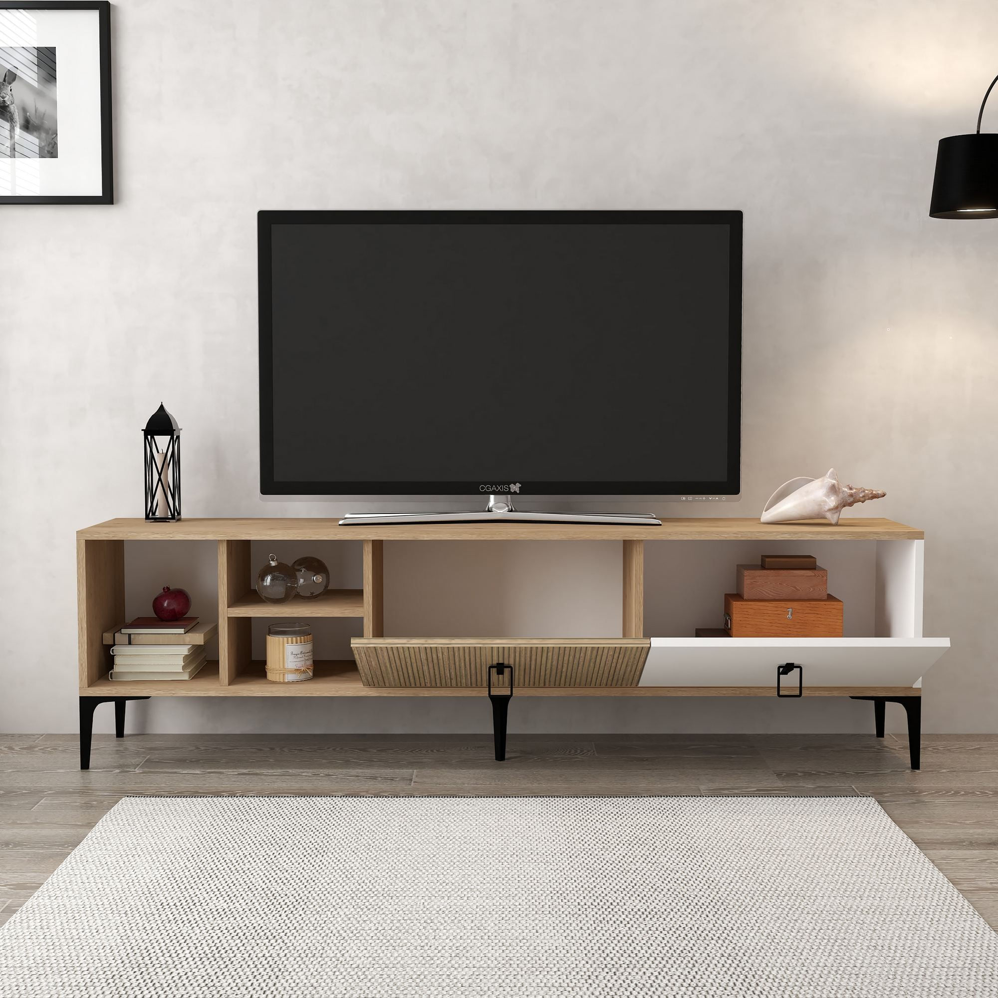 Comoda TV Era 3806, 180 x 50 x 35 cm, stejar alb, PAL melaminat — imaginea 3