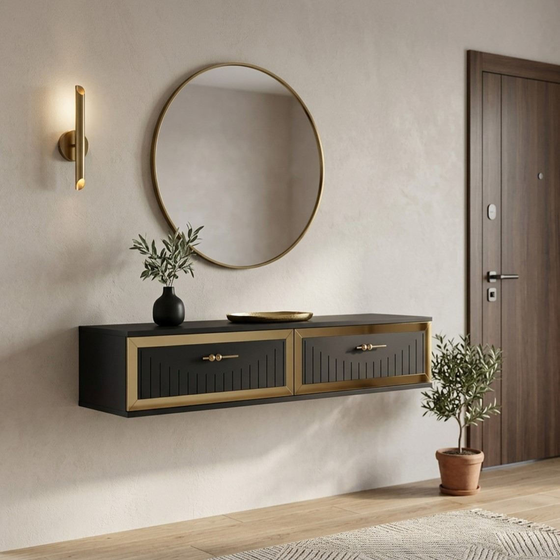 Comoda dormitor Tuna 120, 120 x 25, 5 x 29, 6 cm, antracit auriu, PAL melaminat, oglinda inclusa, fixare pe perete, antracit / gold — imaginea 5