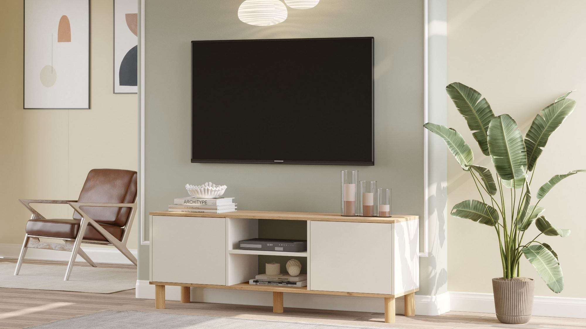 Comoda TV ALS1-SKA, 160 x 59,1 x 40 cm, stejar cashmere, PAL melaminat, fixare pe perete — imaginea 2