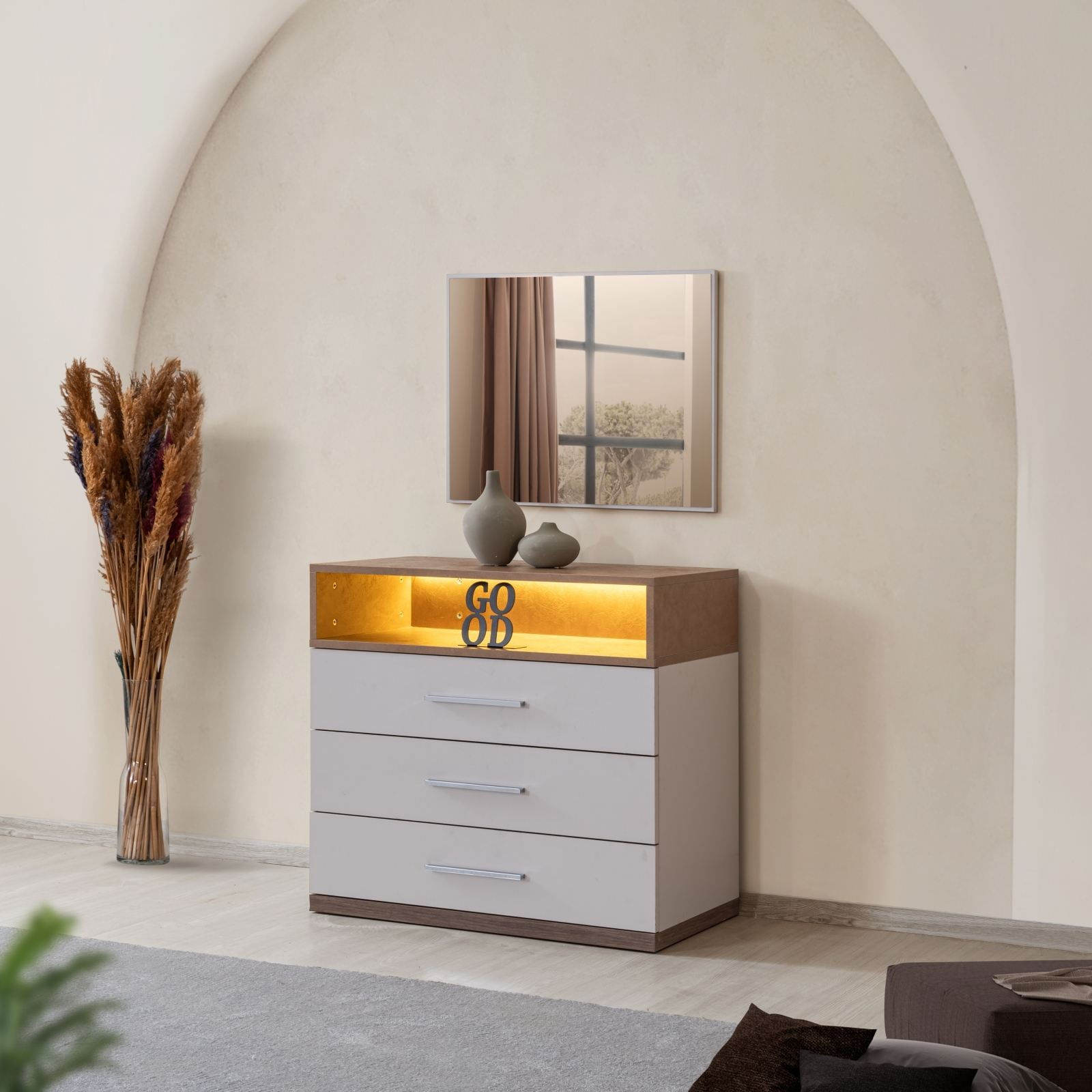 Comoda dormitor Milano, 85 x 140 x 45 cm, alb maro, PAL melaminat, spatiu de depozitare, fixare pe perete — imaginea 5