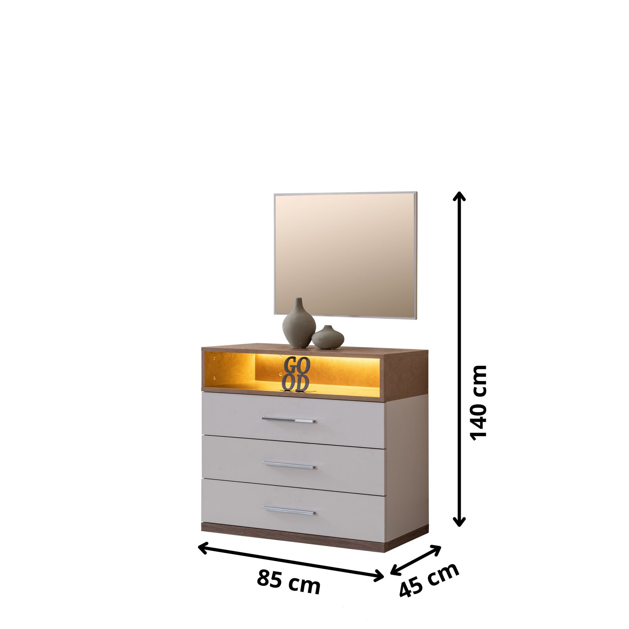 Comoda dormitor Milano, 85 x 140 x 45 cm, alb maro, PAL melaminat, spatiu de depozitare, fixare pe perete — imaginea 6