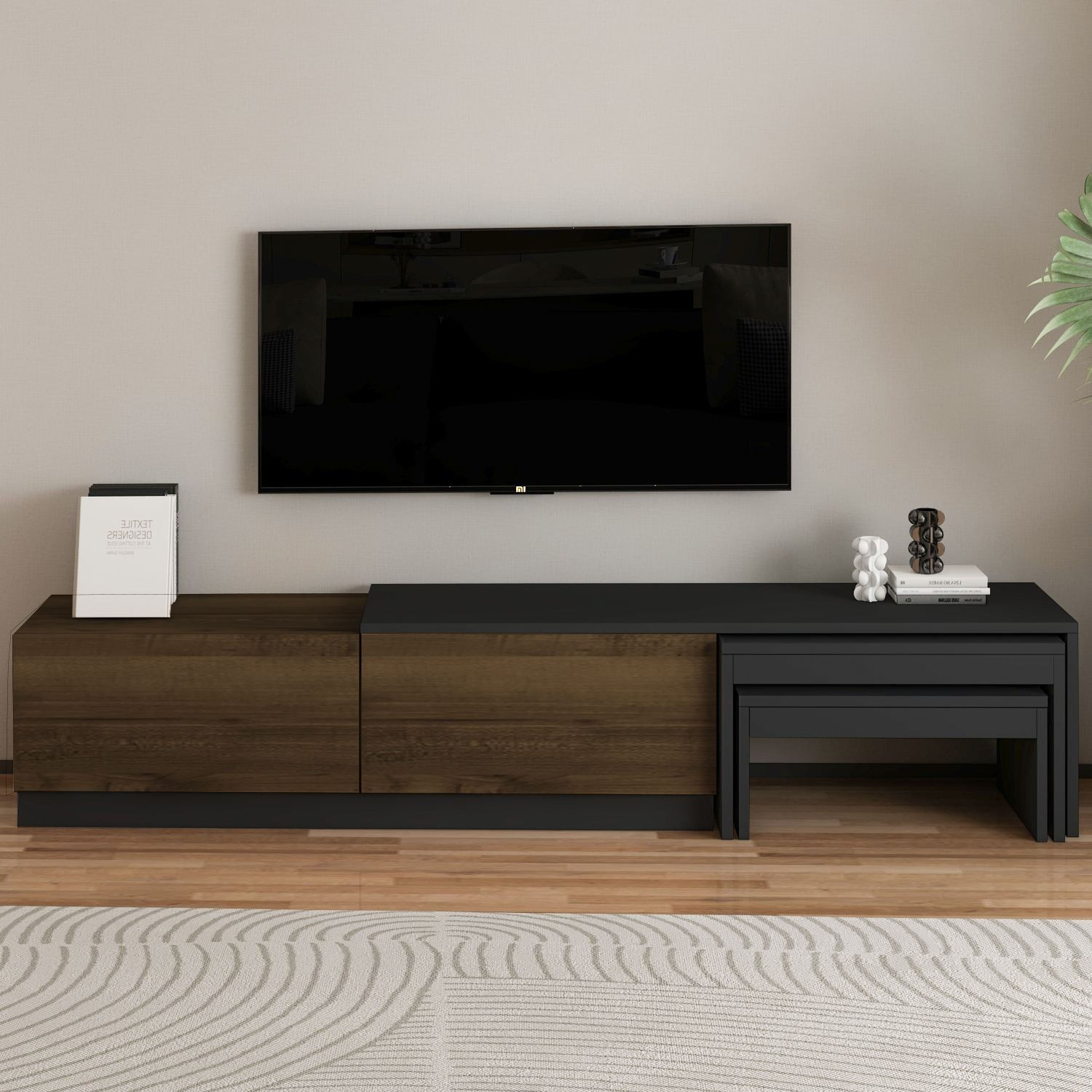 Comoda TV Nest, 180 x 36 x 30 cm, antracit nuc antichizat, PAL melaminat, fixare pe perete, antracit / antique nuc — imaginea 3