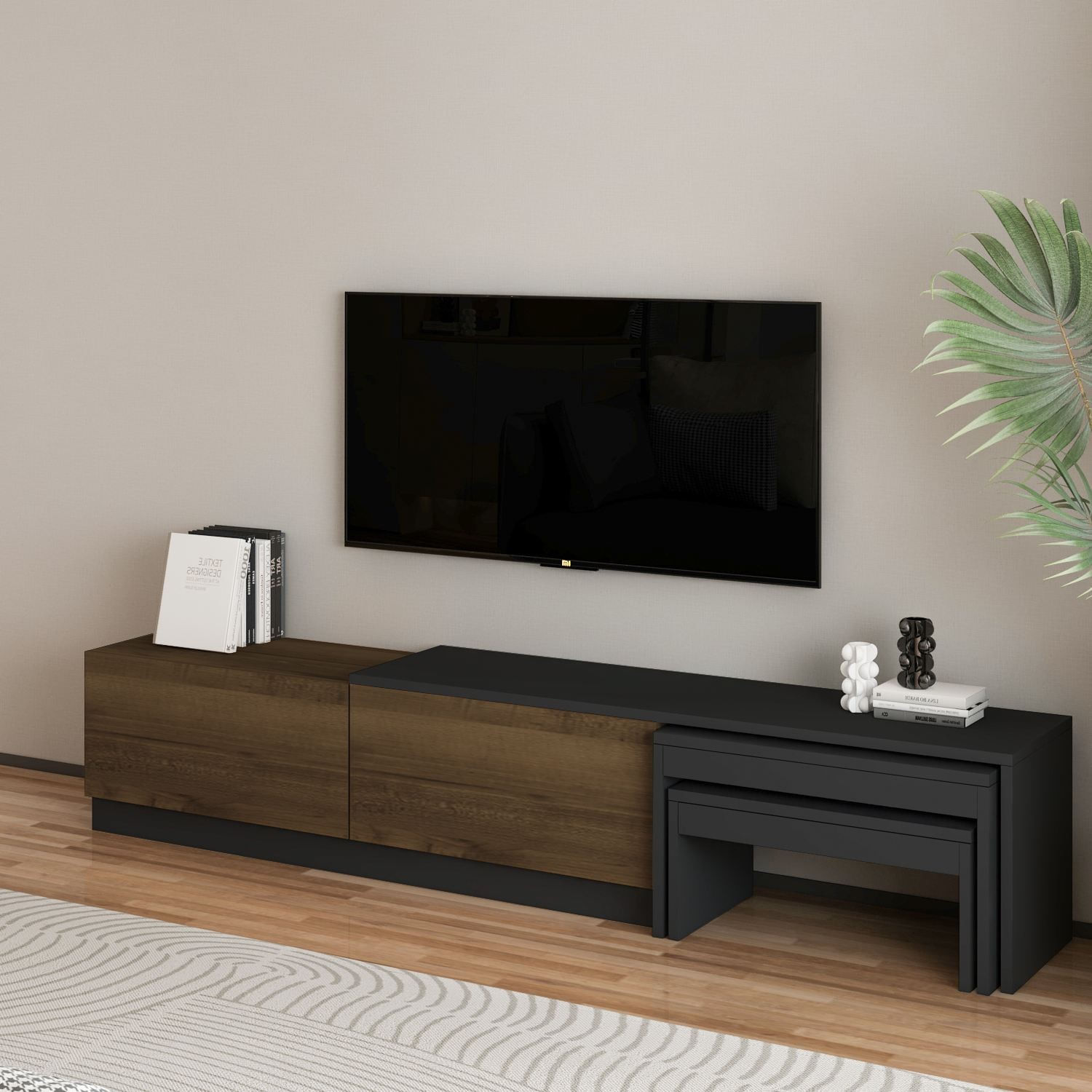 Comoda TV Nest, 180 x 36 x 30 cm, antracit nuc antichizat, PAL melaminat, fixare pe perete, antracit / antique nuc — imaginea 4
