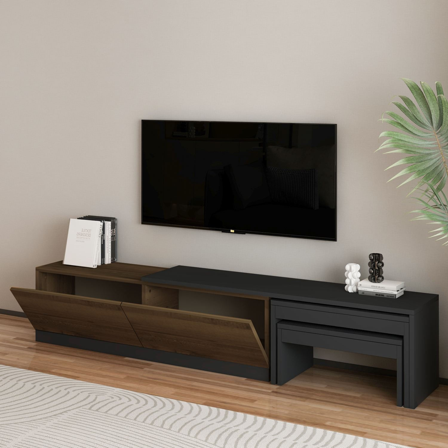 Comoda TV Nest, 180 x 36 x 30 cm, antracit nuc antichizat, PAL melaminat, fixare pe perete, antracit / antique nuc — imaginea 5