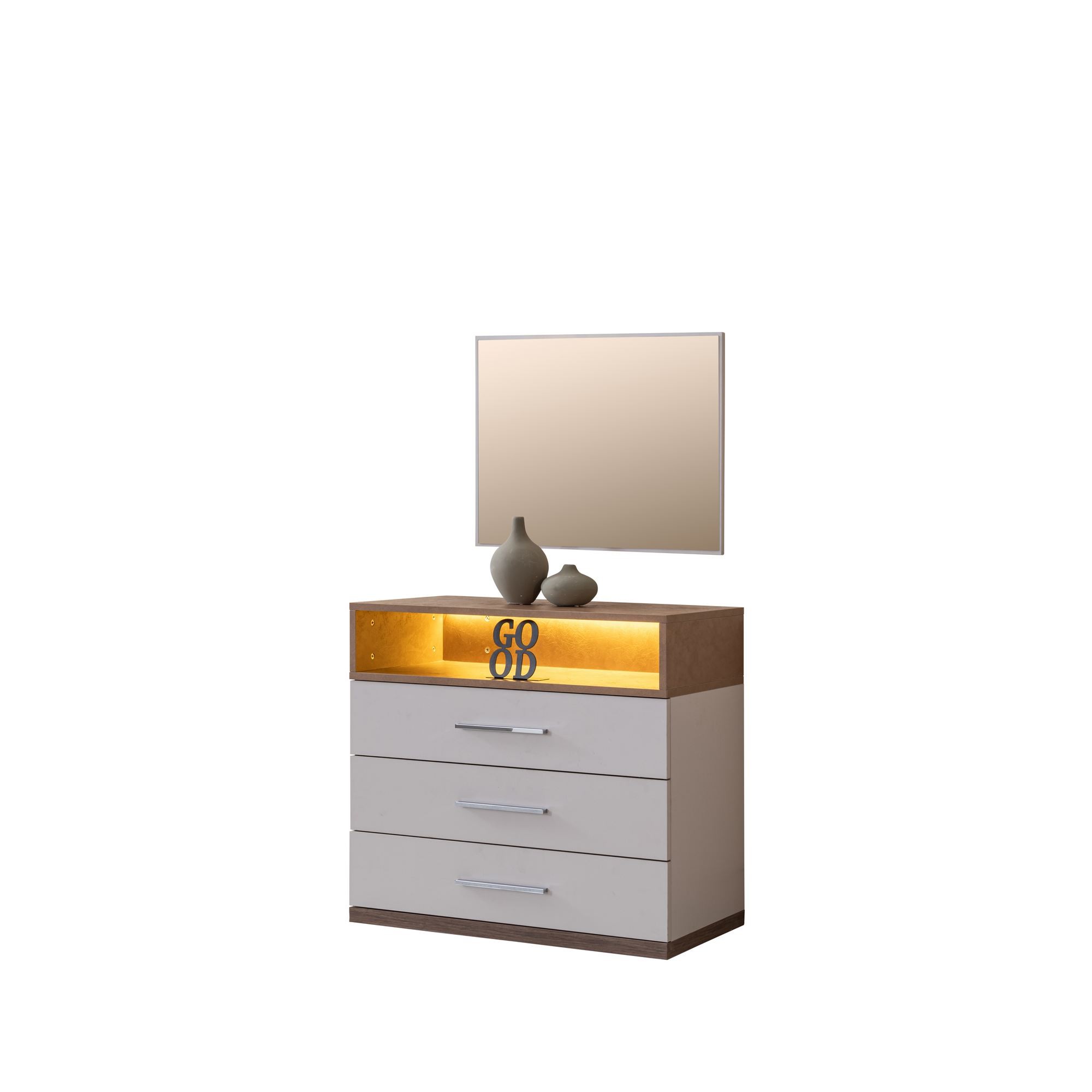 Comoda dormitor Milano, 85 x 140 x 45 cm, alb maro, PAL melaminat, spatiu de depozitare, fixare pe perete — imaginea 7