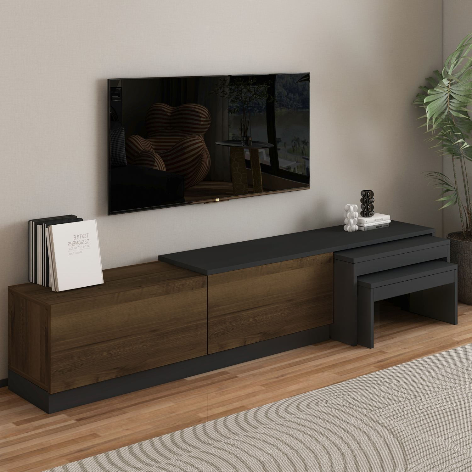 Comoda TV Nest, 180 x 36 x 30 cm, antracit nuc antichizat, PAL melaminat, fixare pe perete, antracit / antique nuc — imaginea 6