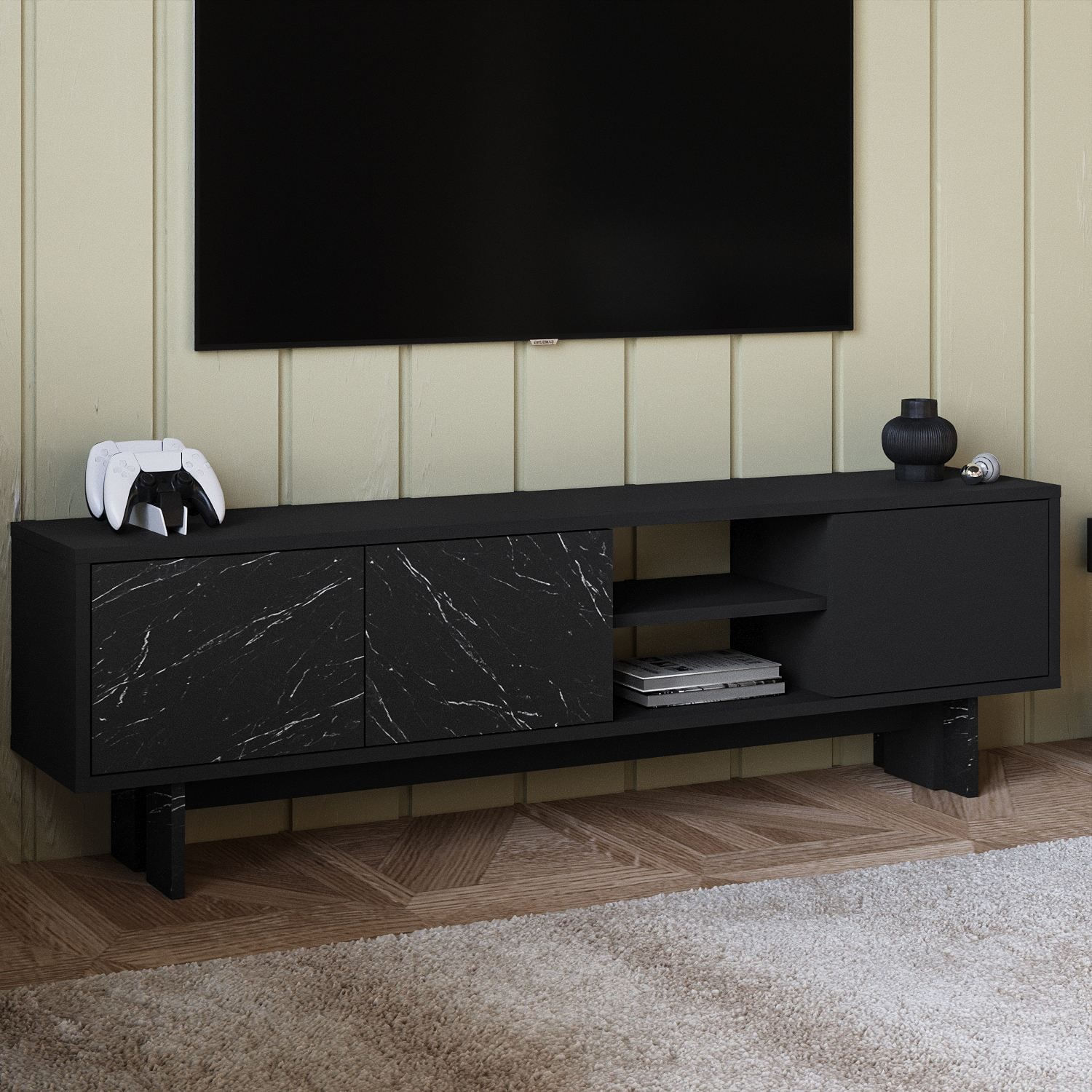 Comoda TV Ravello, 150 x 45 x 30 cm, negru marmura, PAL melaminat, fixare pe perete, negru / marble — imaginea 2