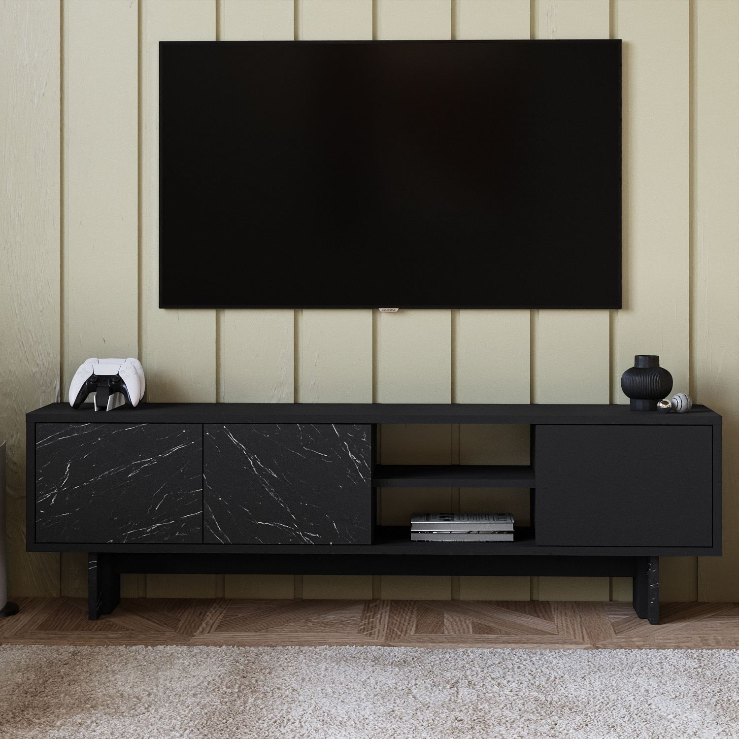 Comoda TV Ravello, 150 x 45 x 30 cm, negru marmura, PAL melaminat, fixare pe perete, negru / marble — imaginea 4