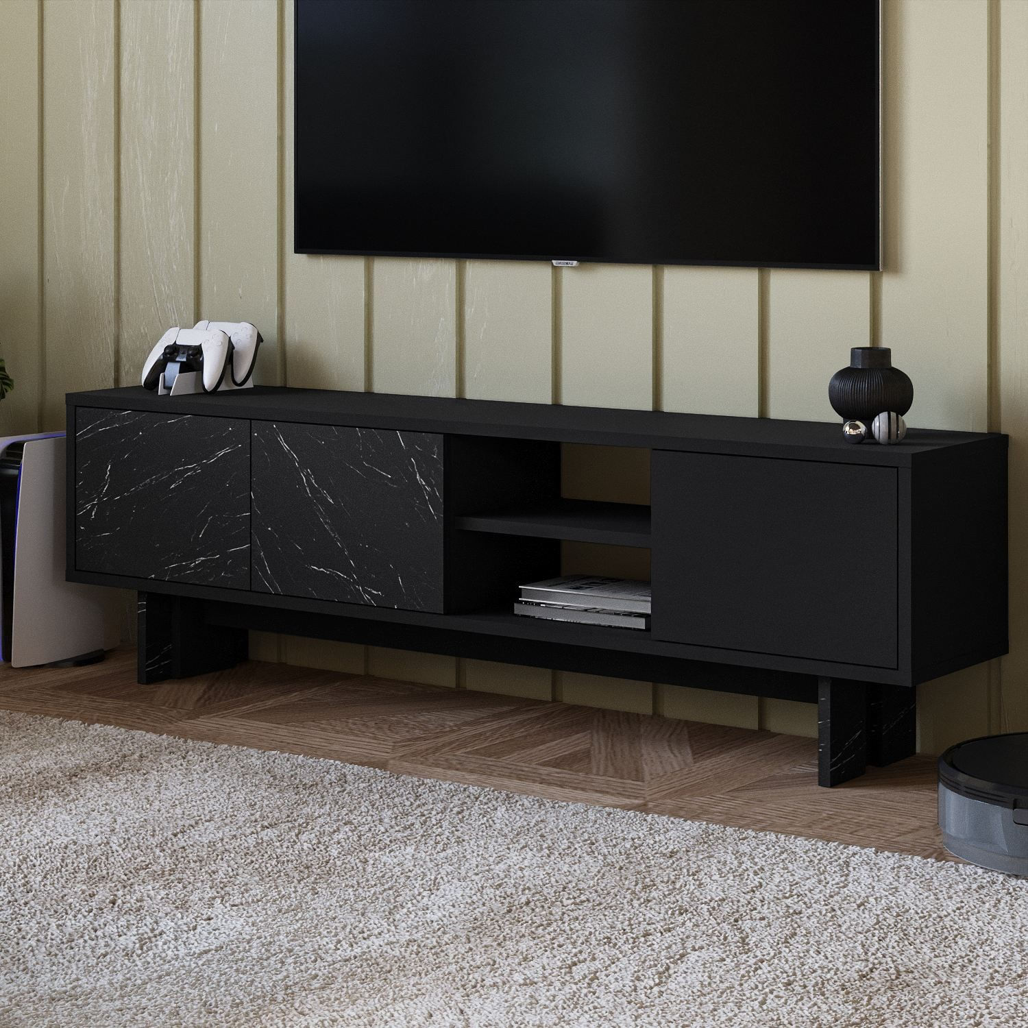Comoda TV Ravello, 150 x 45 x 30 cm, negru marmura, PAL melaminat, fixare pe perete, negru / marble — imaginea 5