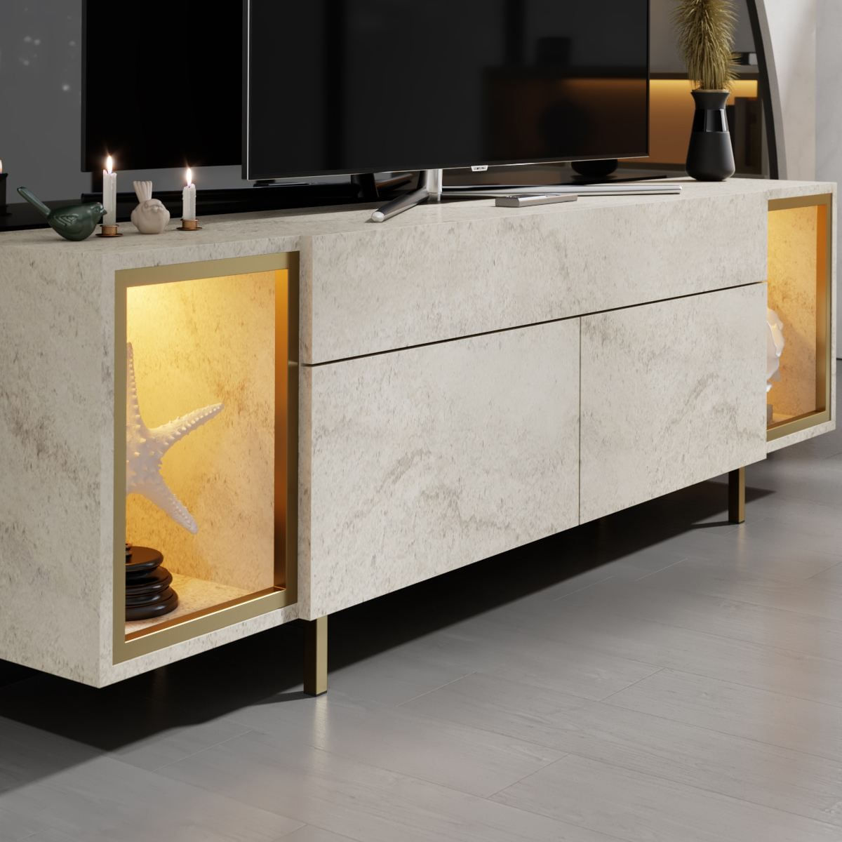Comoda TV Zenith, 180 x 55 x 32 cm, travertin auriu, PAL melaminat, spatiu de depozitare, fixare pe perete, travertin / gold — imaginea 2