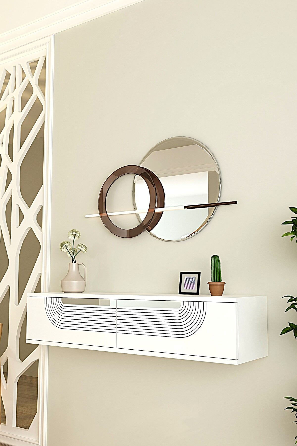 Comoda dormitor Meyra 120, 120 x 25, 5 x 29, 6 cm, alb argintiu, PAL melaminat, oglinda inclusa, fixare pe perete, alb / silver — imaginea 4