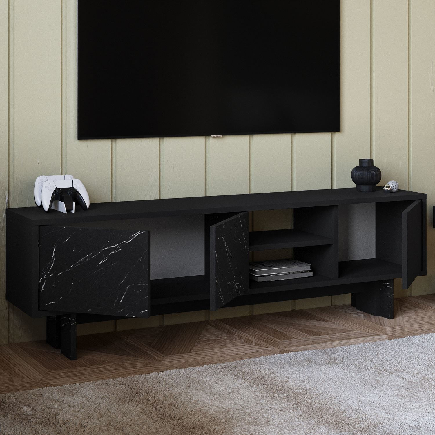 Comoda TV Ravello, 150 x 45 x 30 cm, negru marmura, PAL melaminat, fixare pe perete, negru / marble — imaginea 6