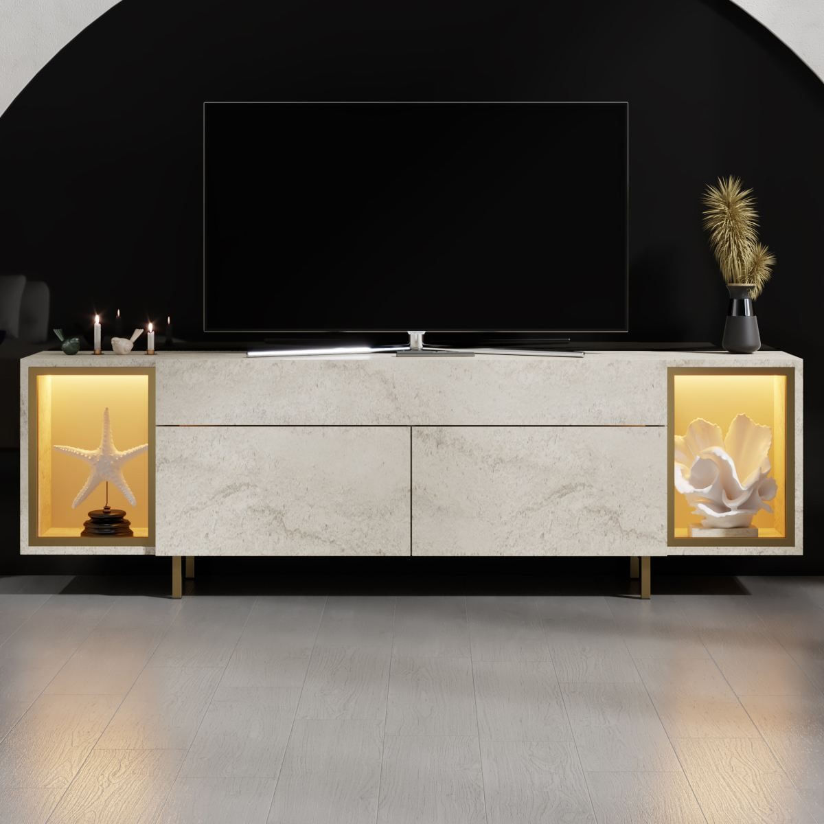 Comoda TV Zenith, 180 x 55 x 32 cm, travertin auriu, PAL melaminat, spatiu de depozitare, fixare pe perete, travertin / gold — imaginea 4