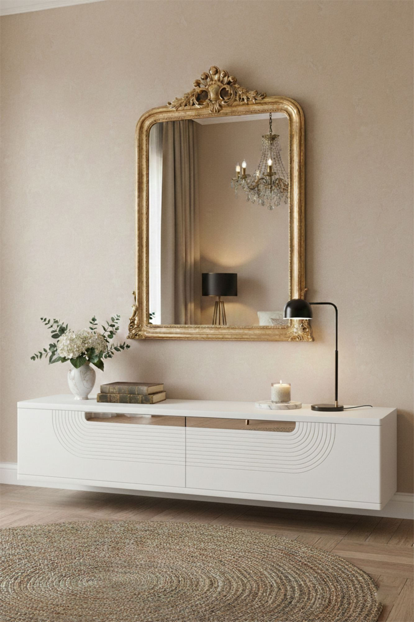 Comoda dormitor Meyra 120, 120 x 25, 5 x 29, 6 cm, alb argintiu, PAL melaminat, oglinda inclusa, fixare pe perete, alb / silver — imaginea 6