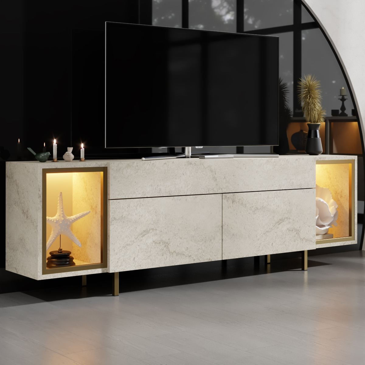 Comoda TV Zenith, 180 x 55 x 32 cm, travertin auriu, PAL melaminat, spatiu de depozitare, fixare pe perete, travertin / gold — imaginea 5