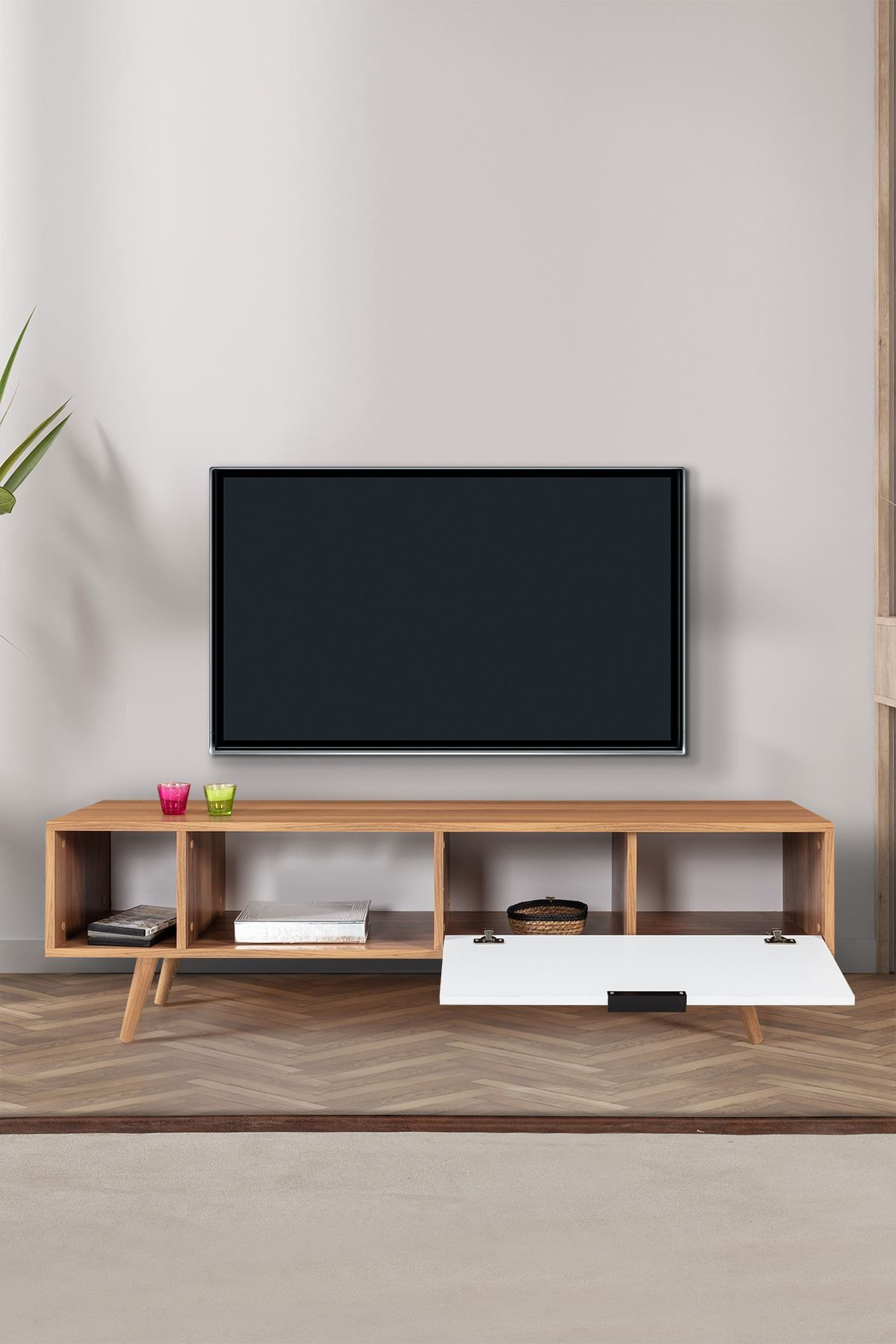 Comoda TV Venüs 3644, 160 x 46 x 35 cm, nuc alb, PAL melaminat — imaginea 2