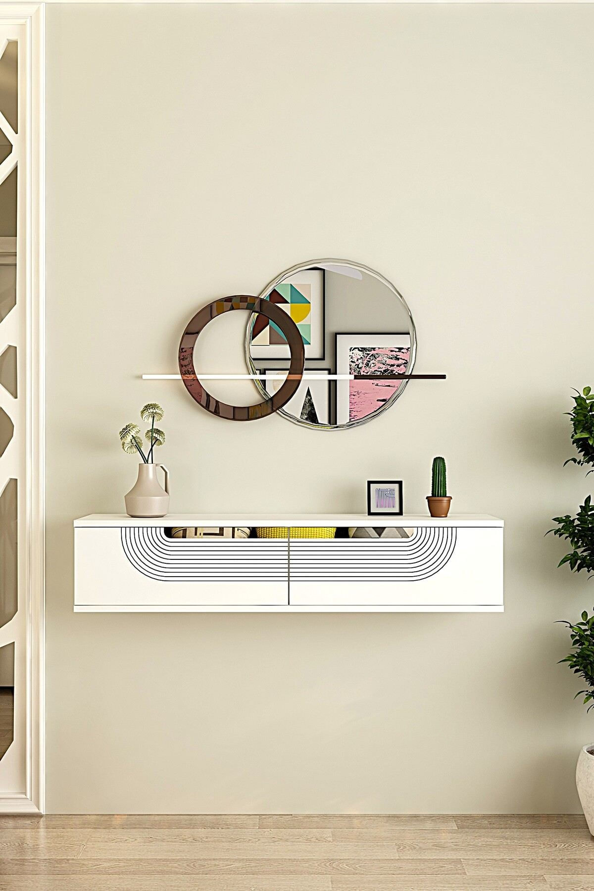 Comoda dormitor Meyra 120, 120 x 25, 5 x 29, 6 cm, alb argintiu, PAL melaminat, oglinda inclusa, fixare pe perete, alb / silver — imaginea 7