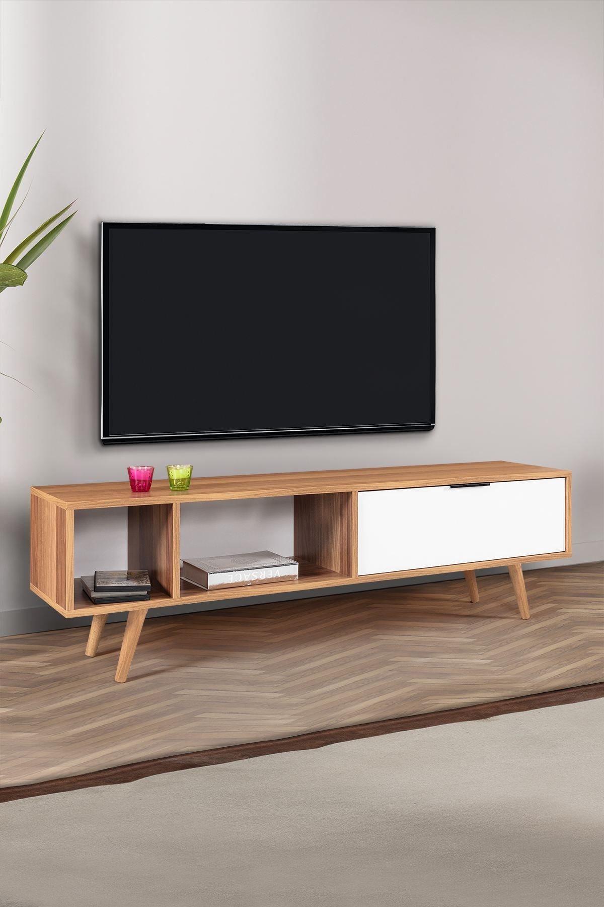 Comoda TV Venüs 3644, 160 x 46 x 35 cm, nuc alb, PAL melaminat — imaginea 5