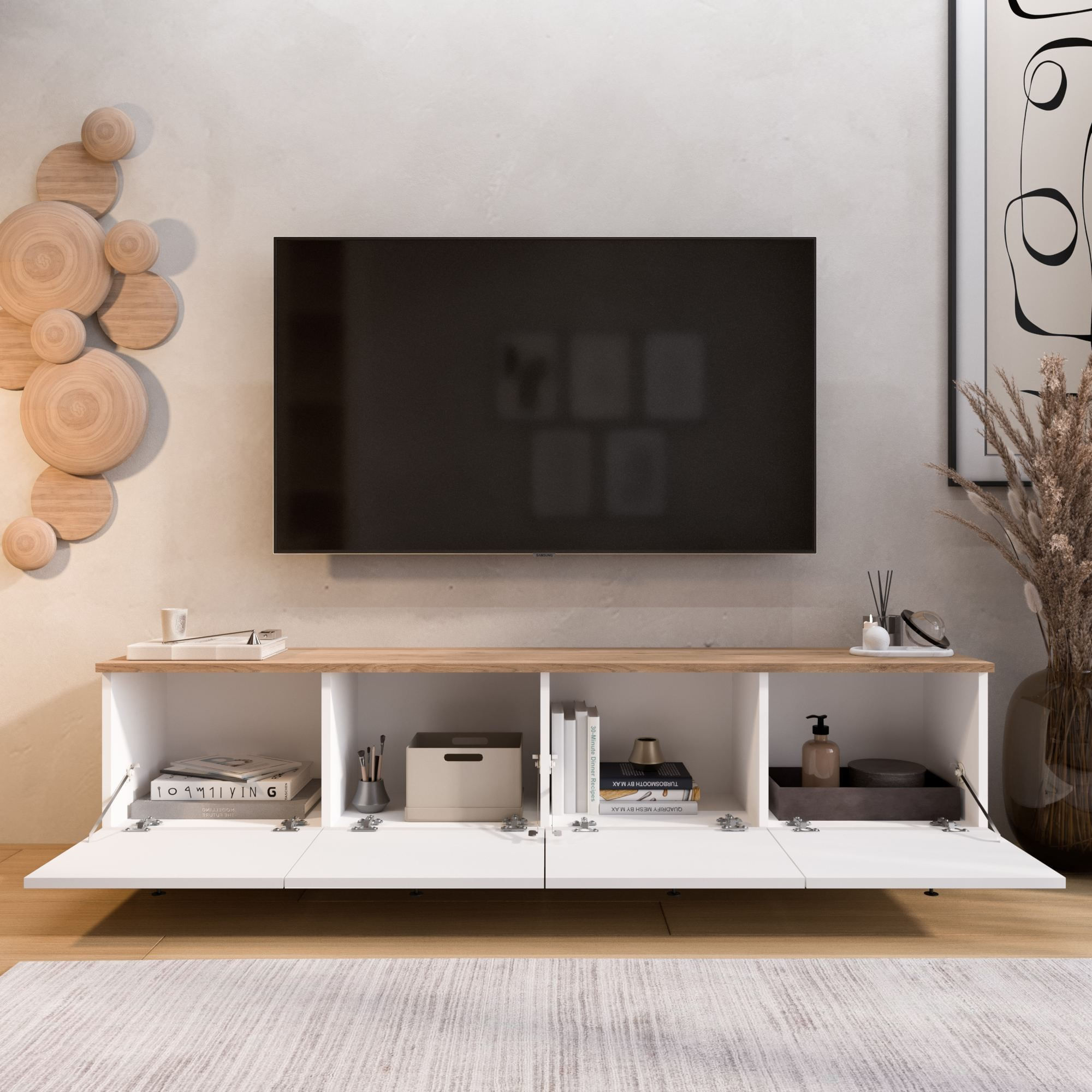 Comoda TV Nord - ND7-SW, 180 x 45,6 x 34,1 cm, alb si stejar, PAL melaminat — imaginea 4