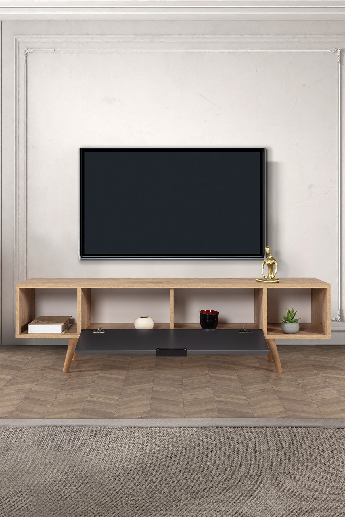 Comoda TV Mesir 3624, 160 x 47 x 35 cm, stejar safir antracit, PAL melaminat — imaginea 4