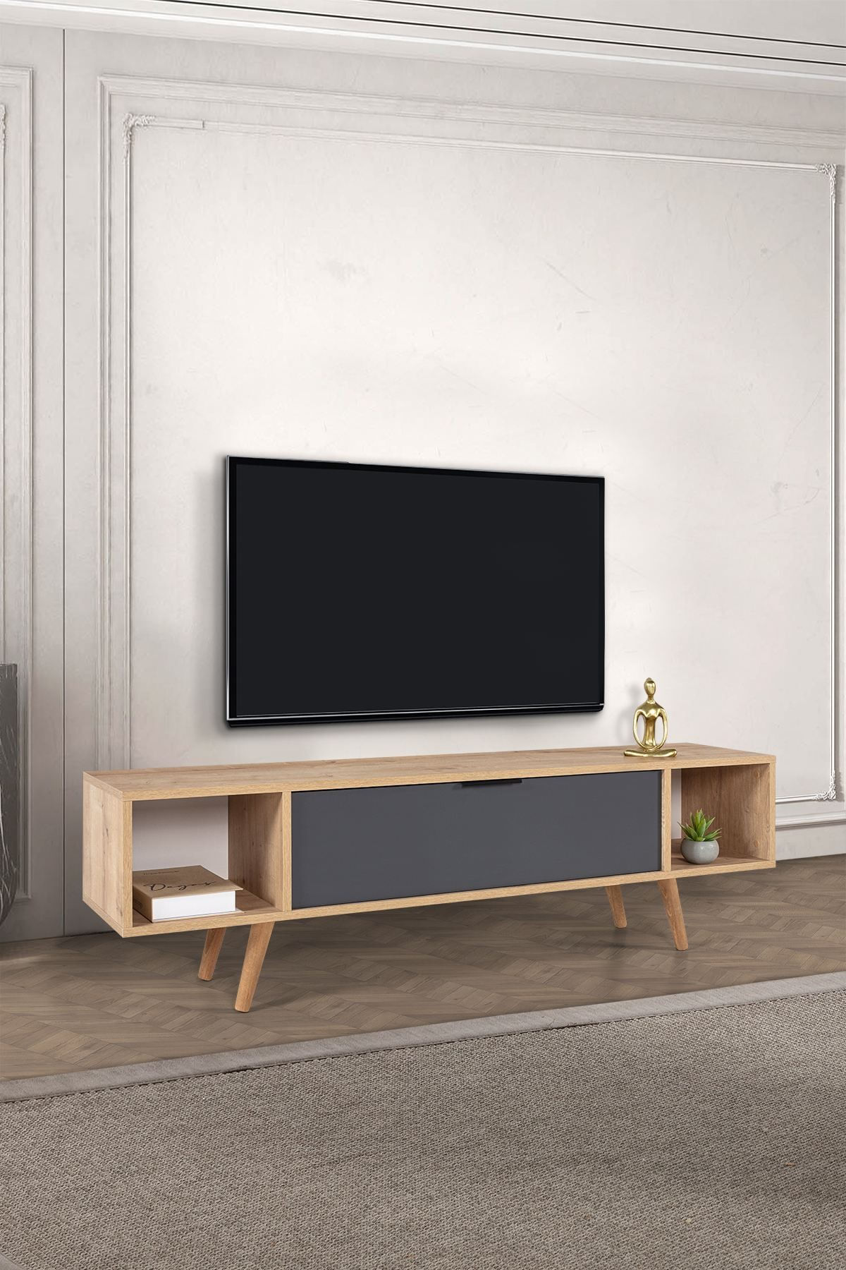 Comoda TV Mesir 3624, 160 x 47 x 35 cm, stejar safir antracit, PAL melaminat — imaginea 5