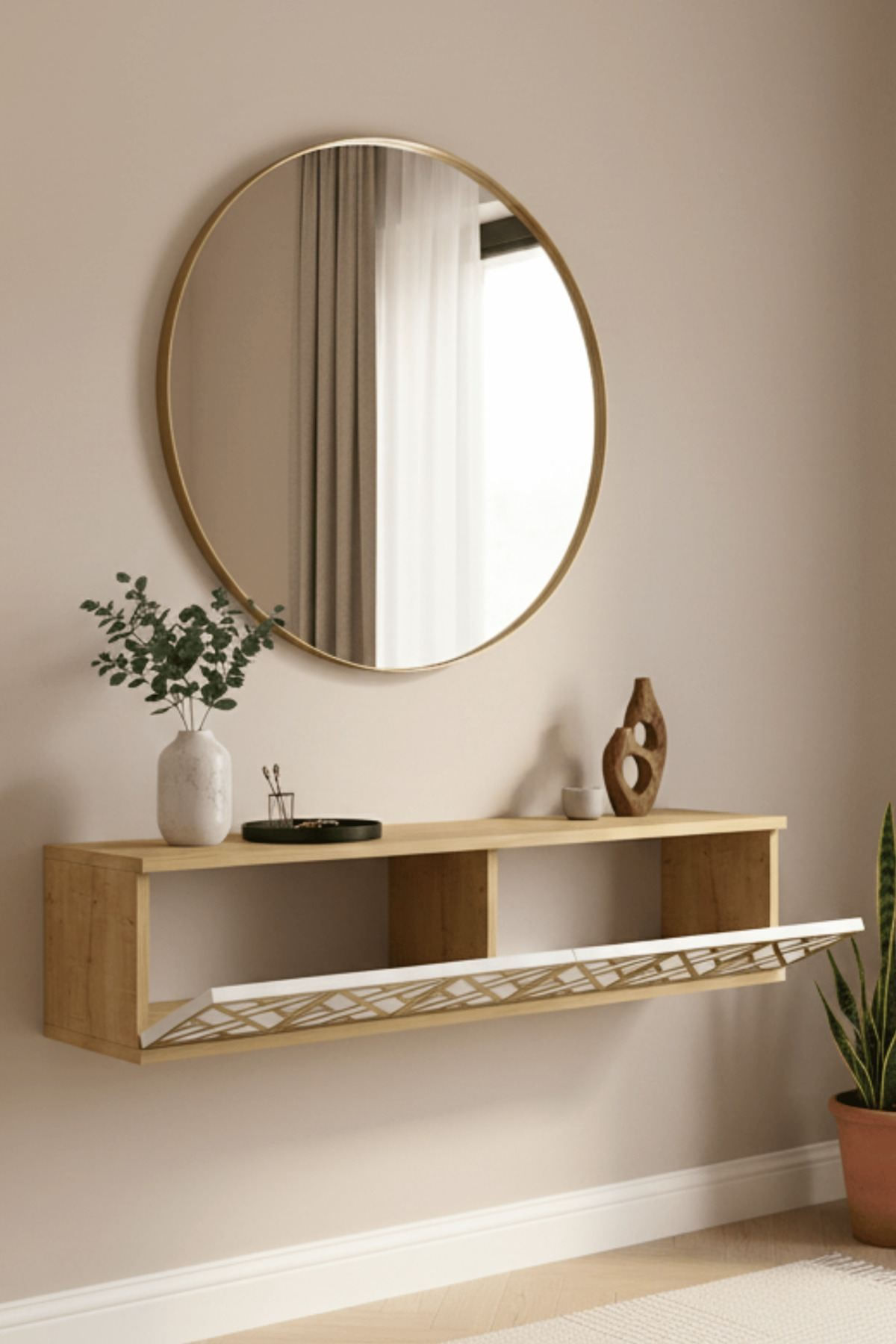 Comoda dormitor Arex 120, 120 x 25, 5 x 29, 6 cm, stejar safir alb auriu, PAL melaminat, oglinda inclusa, fixare pe perete, safir stejar / alb / gold — imaginea 5