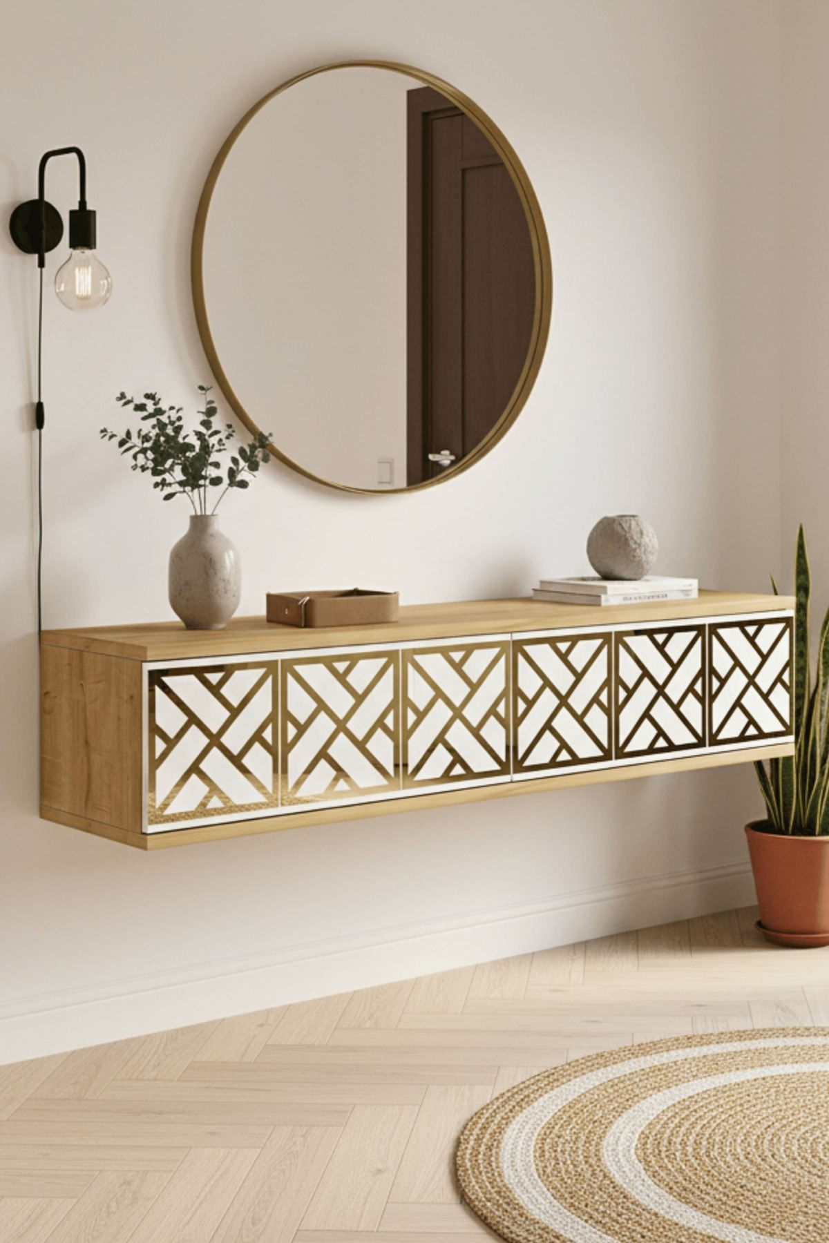 Comoda dormitor Arex 120, 120 x 25, 5 x 29, 6 cm, stejar safir alb auriu, PAL melaminat, oglinda inclusa, fixare pe perete, safir stejar / alb / gold — imaginea 7