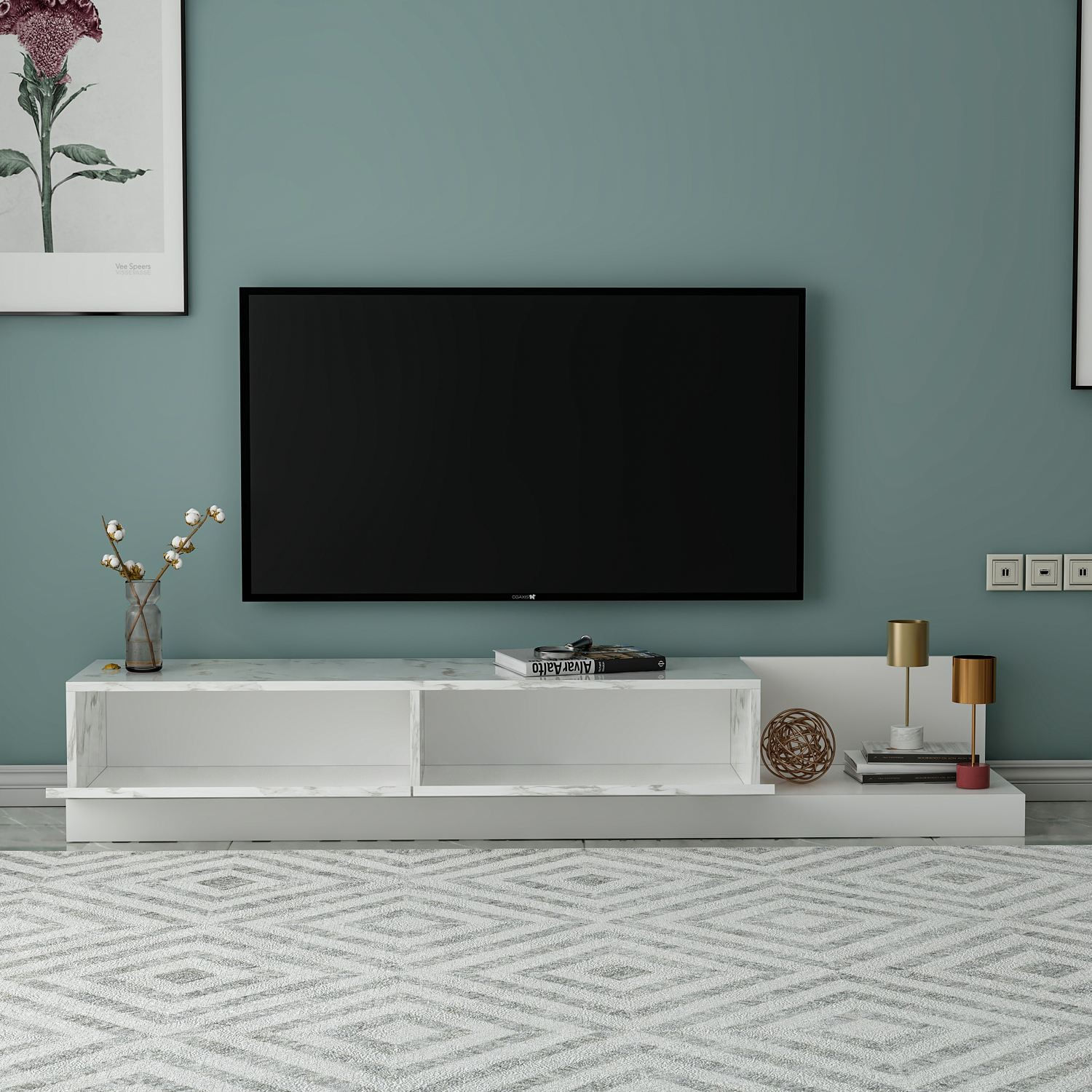 Comoda TV Major, 180 x 30 x 37 cm, marmo marmura alb, PAL melaminat, marmo marble / alb — imaginea 3