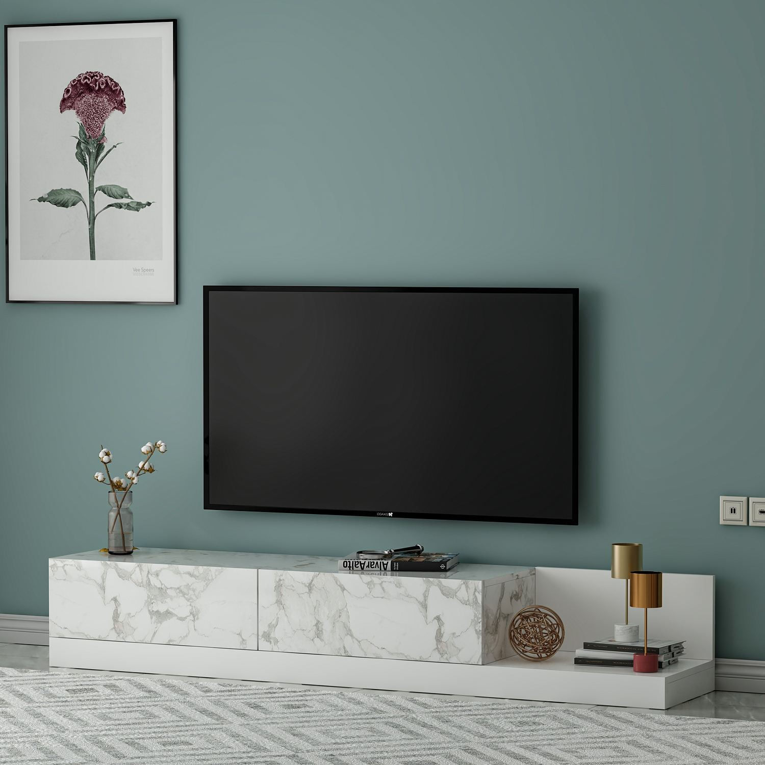 Comoda TV Major, 180 x 30 x 37 cm, marmo marmura alb, PAL melaminat, marmo marble / alb — imaginea 4