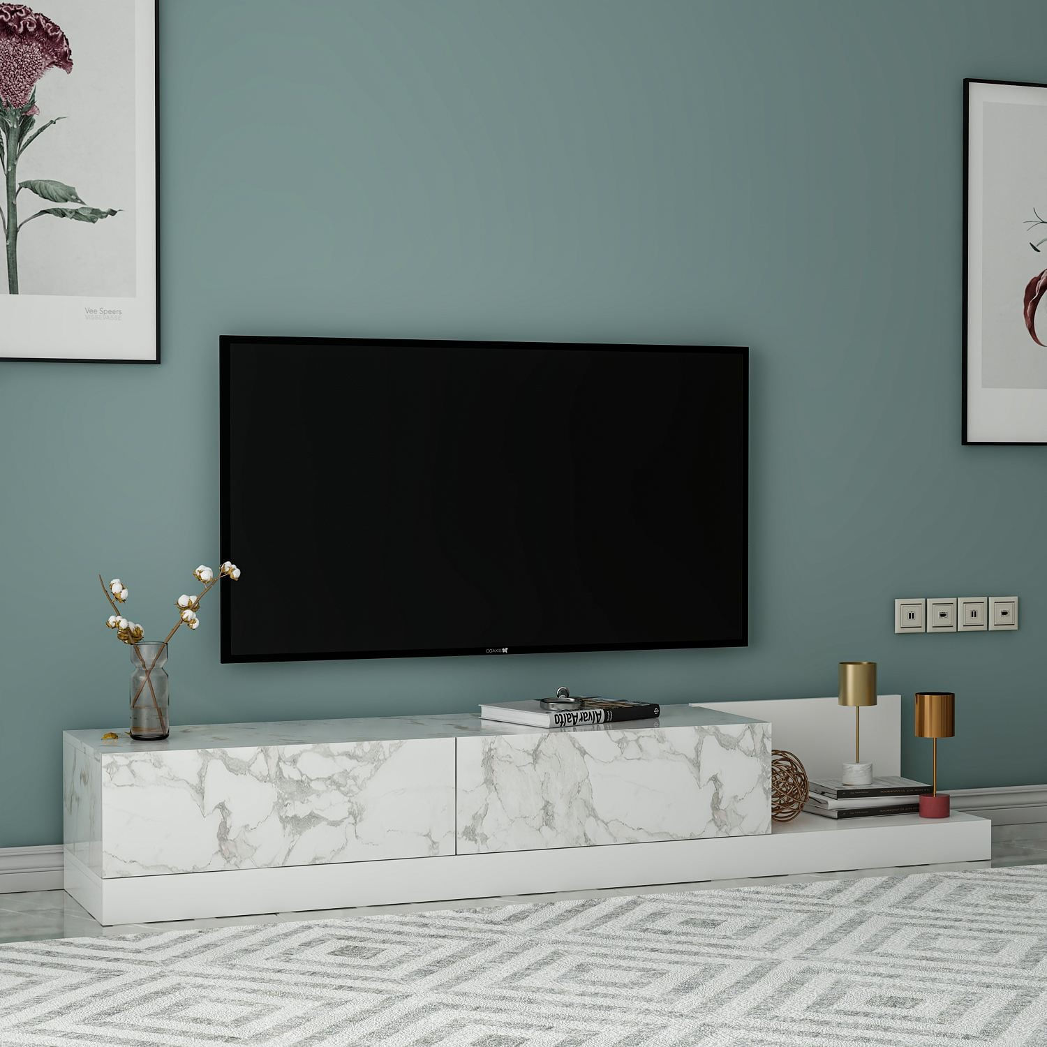 Comoda TV Major, 180 x 30 x 37 cm, marmo marmura alb, PAL melaminat, marmo marble / alb — imaginea 5
