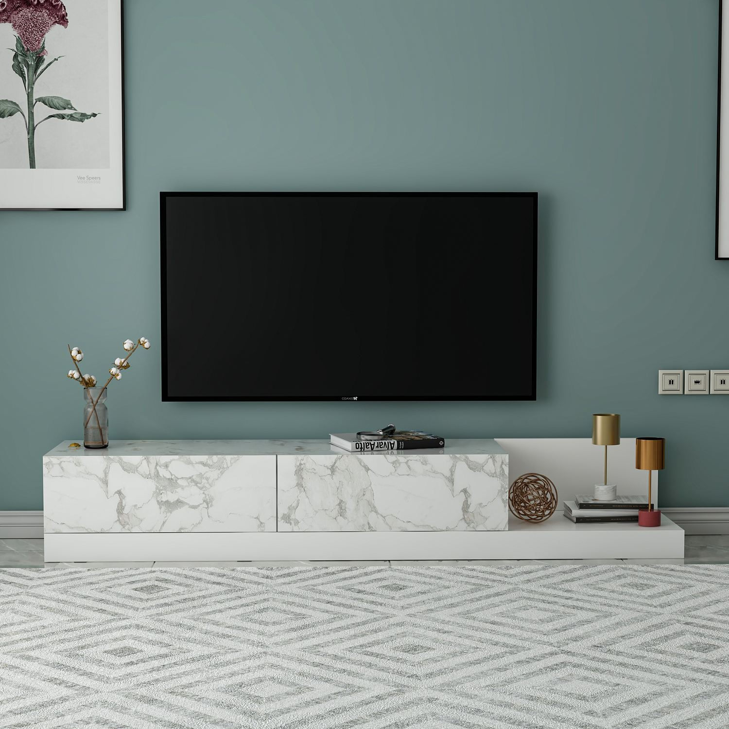 Comoda TV Major, 180 x 30 x 37 cm, marmo marmura alb, PAL melaminat, marmo marble / alb — imaginea 6