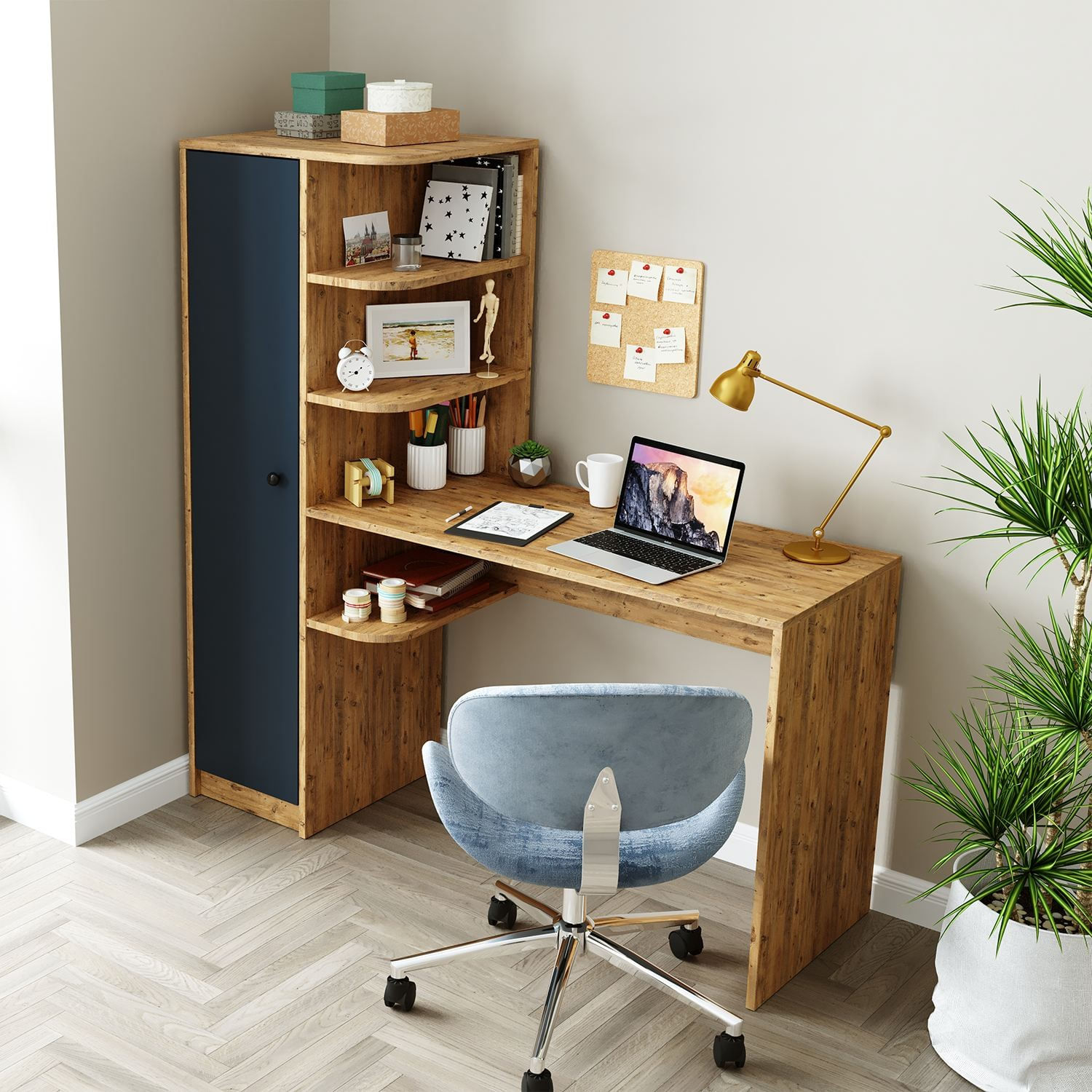 Birou cu biblioteca 2076, 143,2 x 143,2 x 50 cm, pin atlantic antracit, PAL melaminat, design modern — imaginea 2