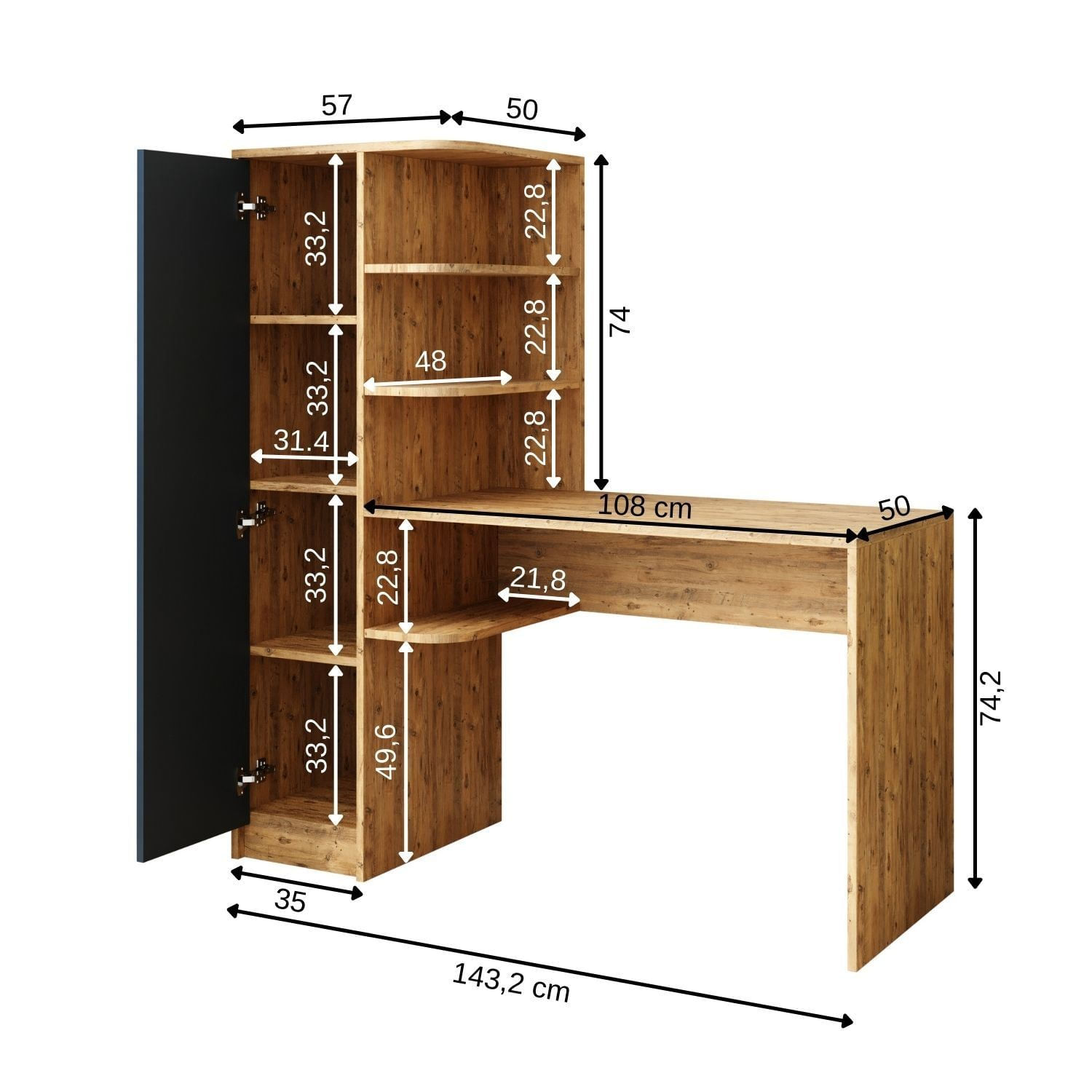 Birou cu biblioteca 2076, 143,2 x 143,2 x 50 cm, pin atlantic antracit, PAL melaminat, design modern — imaginea 4