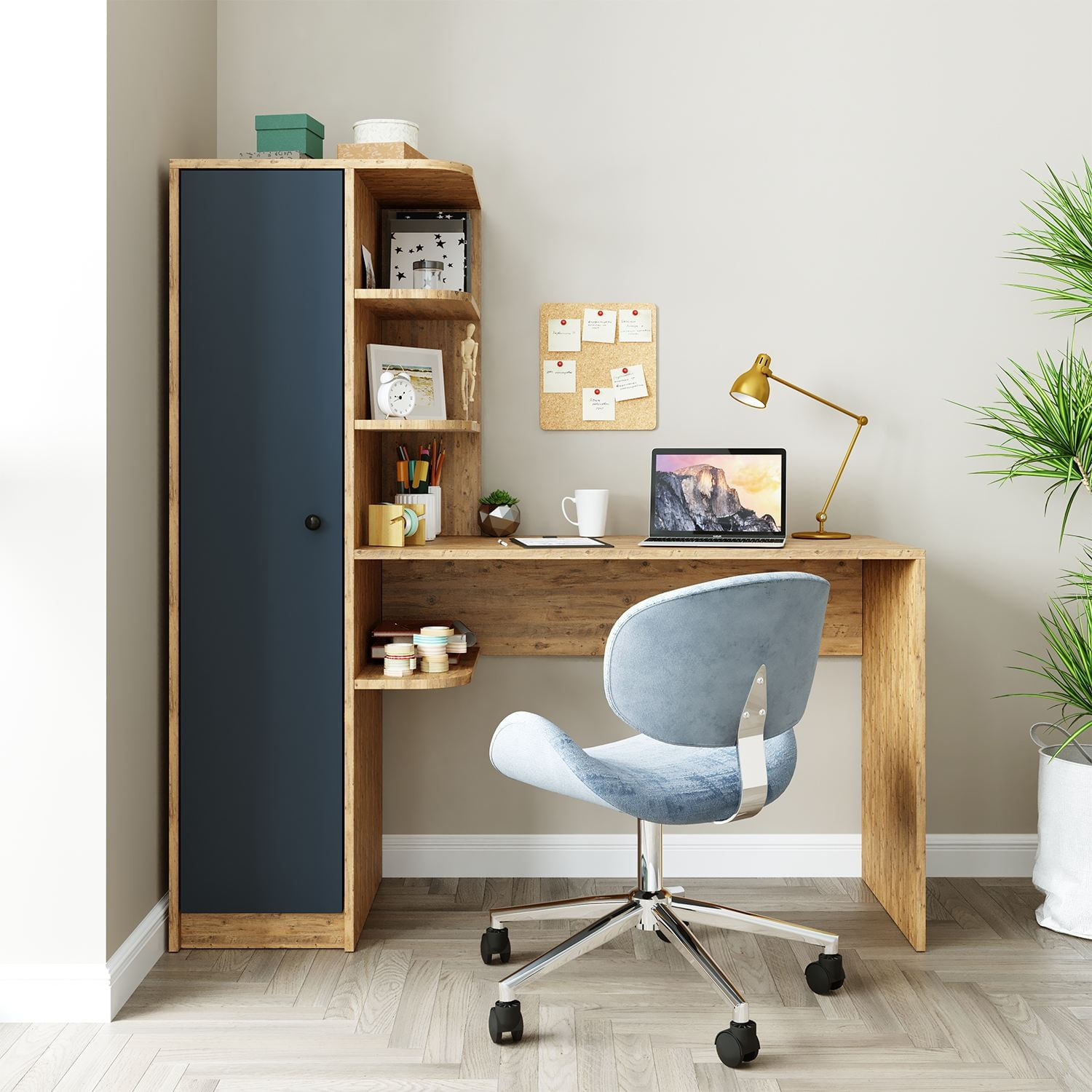 Birou cu biblioteca 2076, 143,2 x 143,2 x 50 cm, pin atlantic antracit, PAL melaminat, design modern — imaginea 5