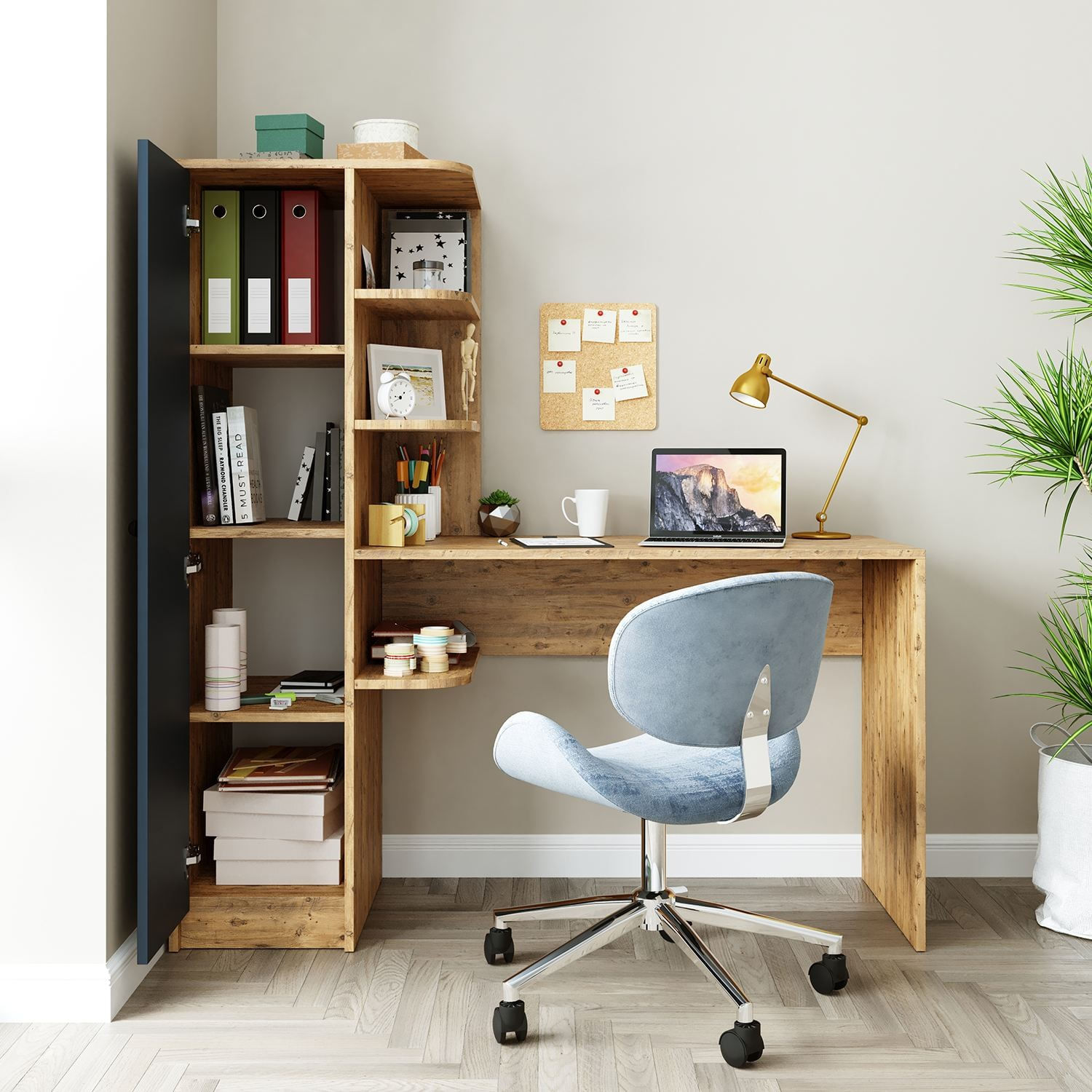 Birou cu biblioteca 2076, 143,2 x 143,2 x 50 cm, pin atlantic antracit, PAL melaminat, design modern — imaginea 6